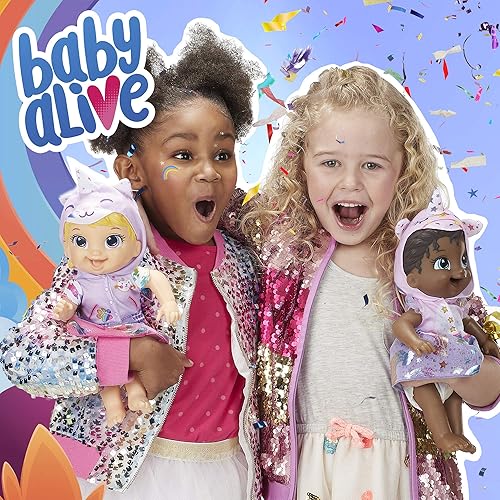 Miniatura 4 de Baby Alive Muñeca Tinycorns, unicornio, accesorios, bebidas, húmedas, juguete de pelo negro para niños a partir de 3 años