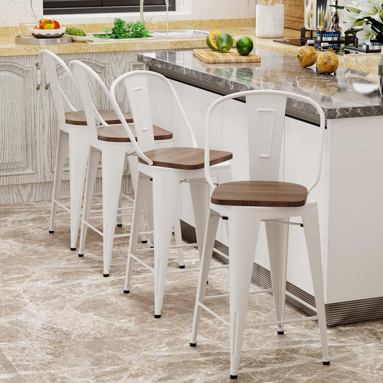 Aklaus Swivel Metal Bar Stools with Backs Counter Stools Set of 4 Counter Height Stools High Back Bar Chairs 24 Inch Barstools Farmhouse White Cream