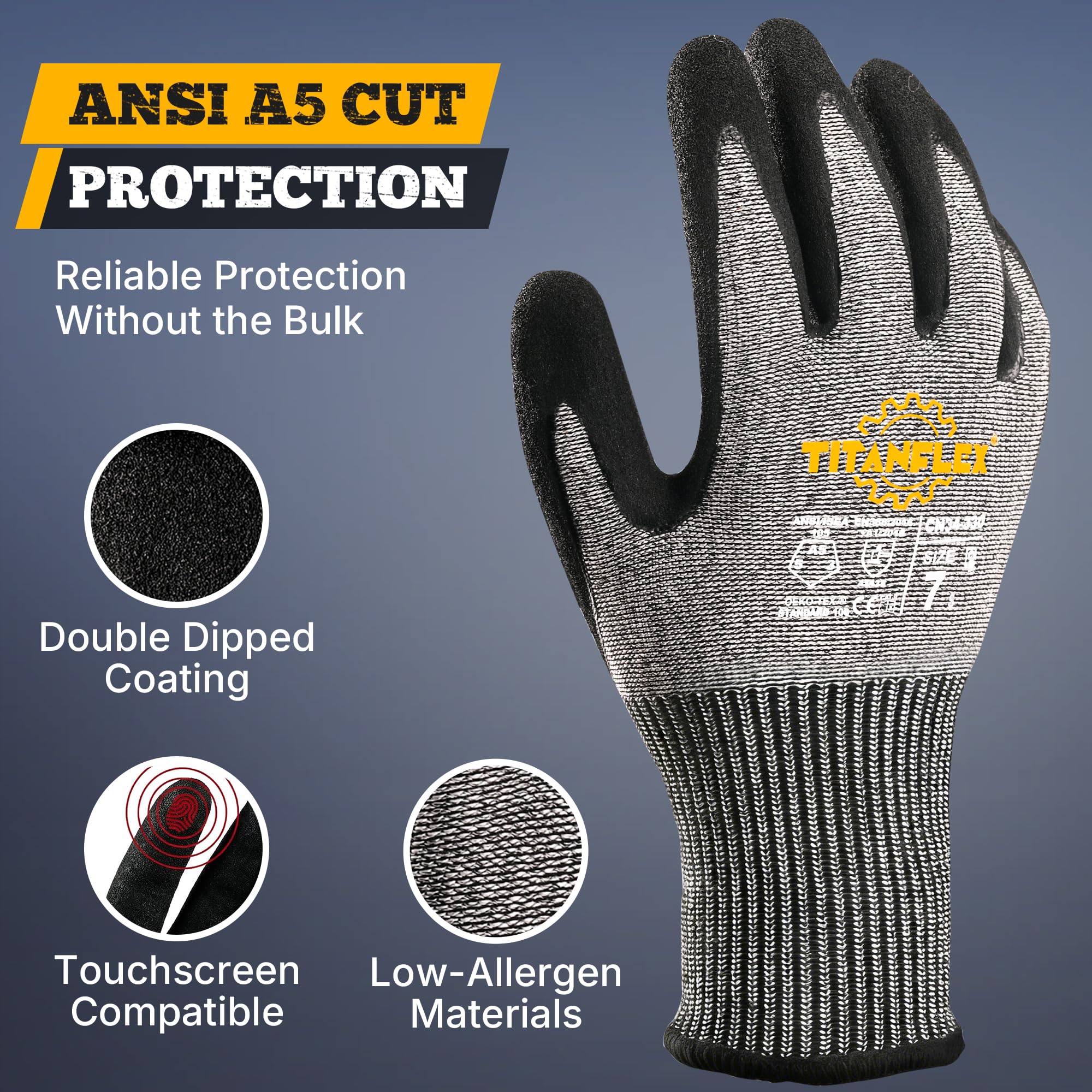 TitanFlex Guantes de trabajo ANSI A5 resistentes a los cortes, agarre antideslizante de nitrilo arenoso, ajuste cómodo 3D, transpirables y duraderos, compatibles con pantalla táctil, lavables a