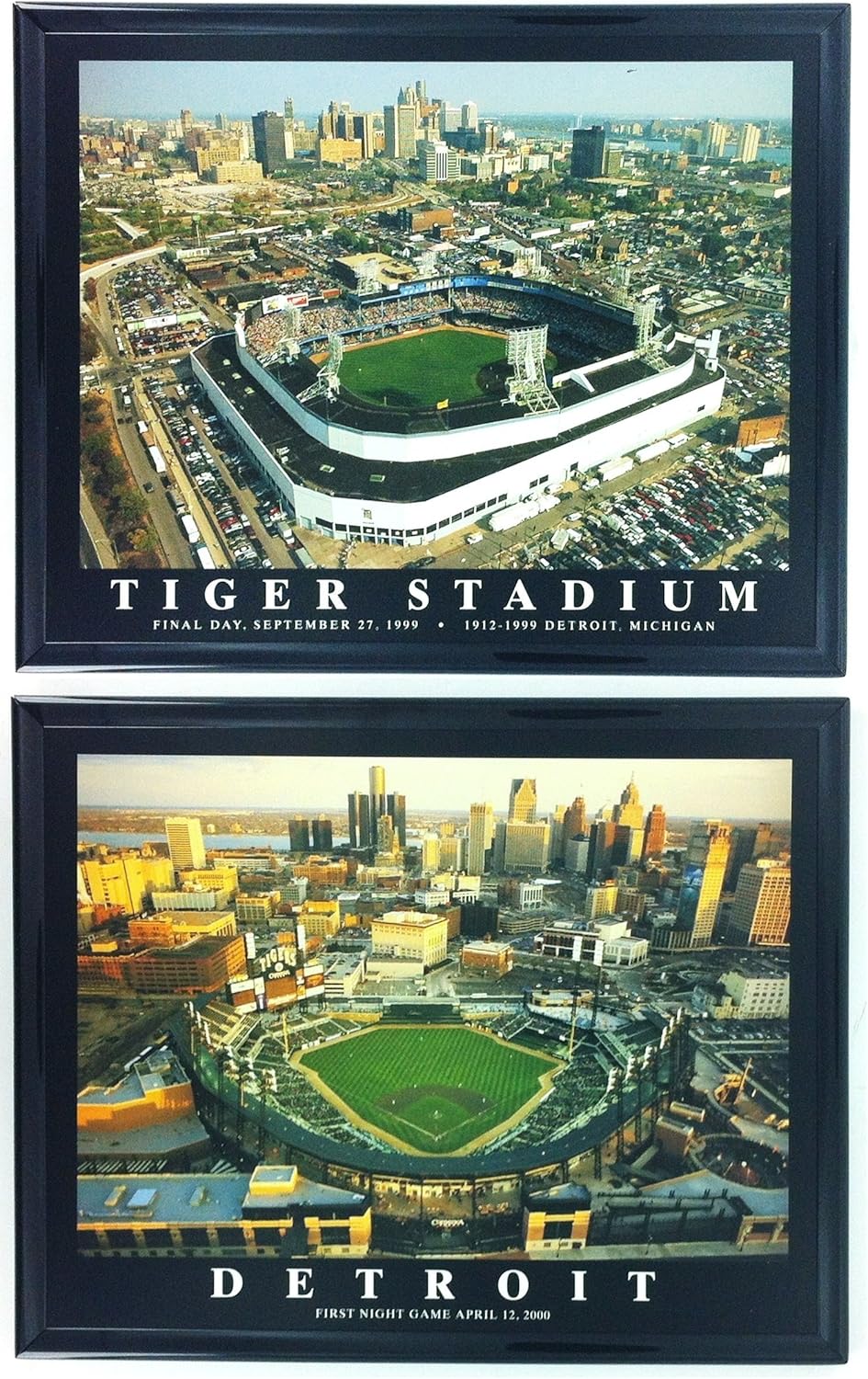 Detroit Tigers Comerica Park and Old Tigers Stadium - Set of 2 Framed Lithographs of Dramatic Aerial Photos - Treasured Collector Items and Unique Gift!