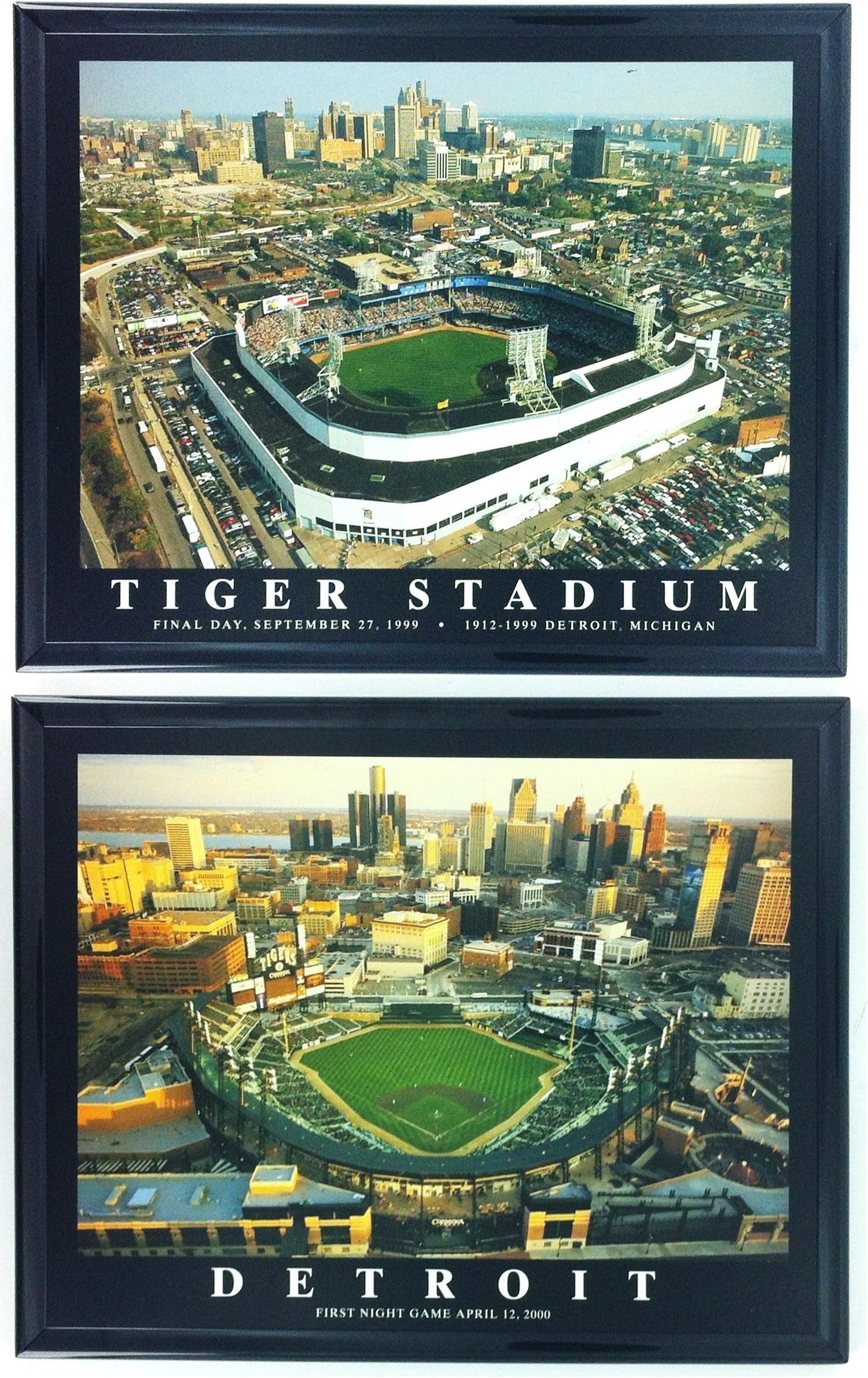 Detroit Tigers Comerica Park and Old Tigers Stadium - Set of 2 Framed Lithographs of Dramatic Aerial Photos - Treasured Collector Items and Unique Gift!