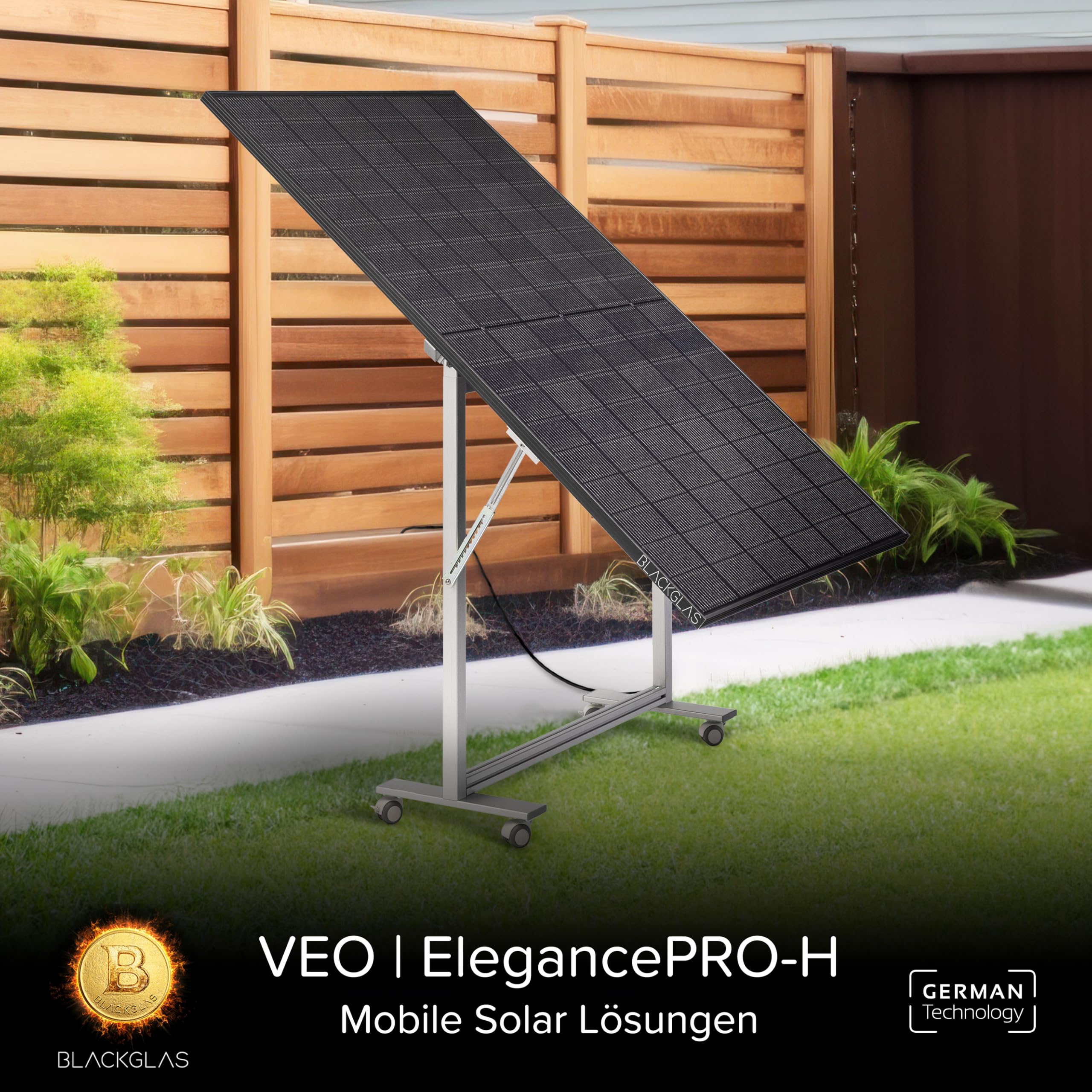 SolarScreen Sichtschutz VEOelegancePRO-H Modul 445Wp Full Black Solarmodul, Wechselrichter mit App, 5m Kabel, Verstellbarer Winkel, Plug & Play, Vormontiert, Made-in-Germany