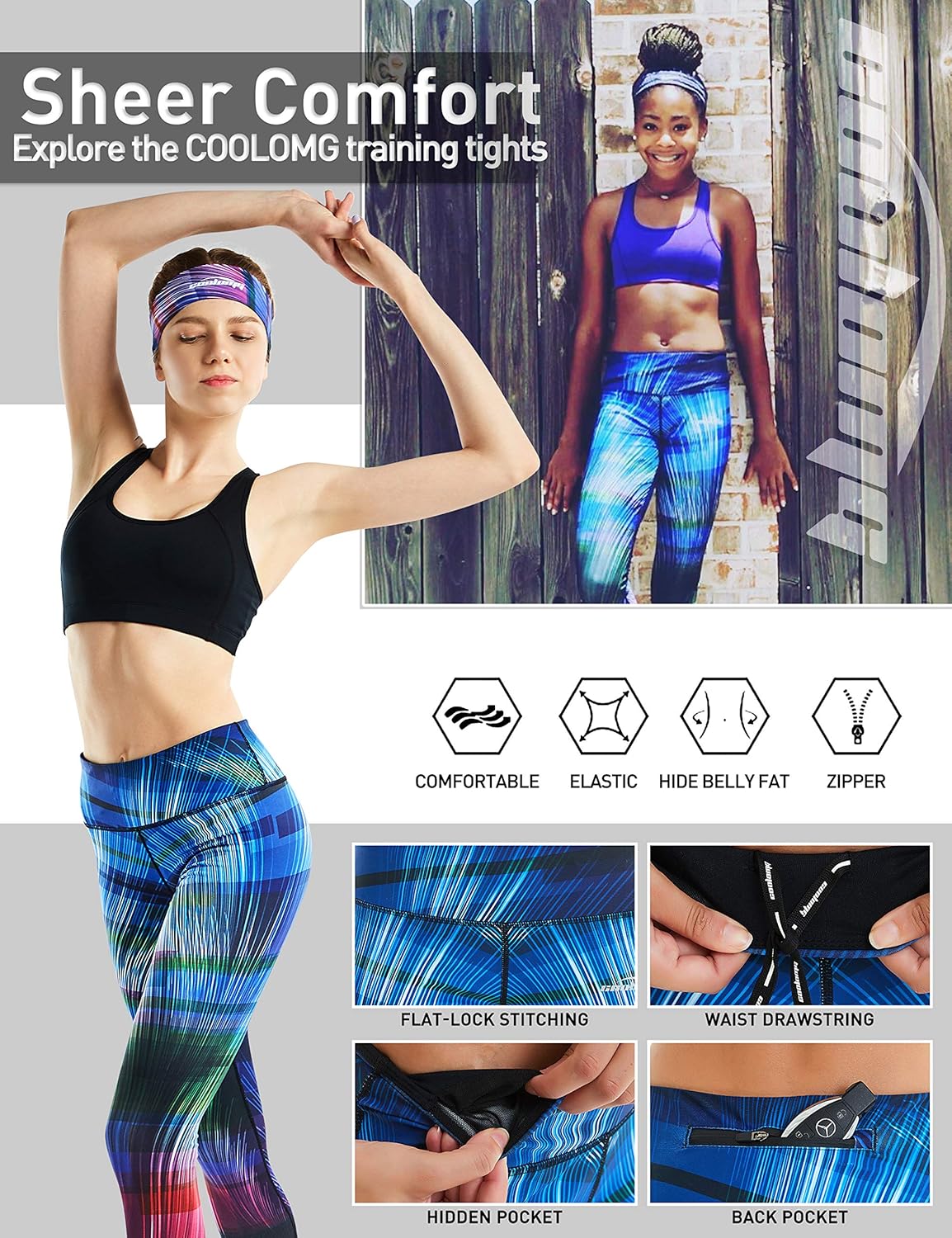 COOLOMG Women Yoga Leggings Running Tights Low Rise Leggings Workout Gym with Hidden Pockets - Image 4