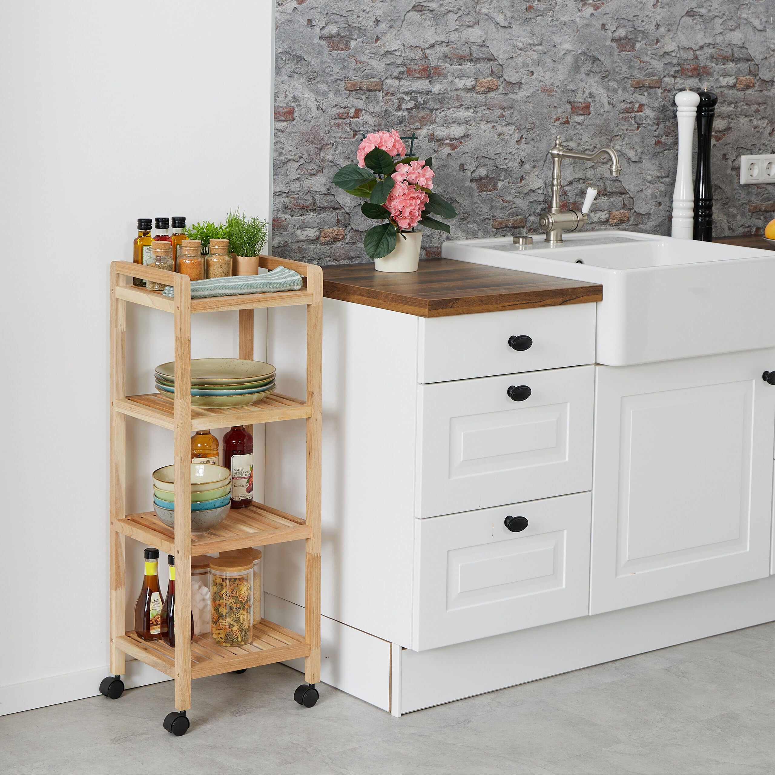 Relaxdays Mobile da Bagno con 4 Ripiani, Mobiletto su Ruote, Scaffale in Legno da Cucina, 97x35x31 cm, Marrone Chiaro
