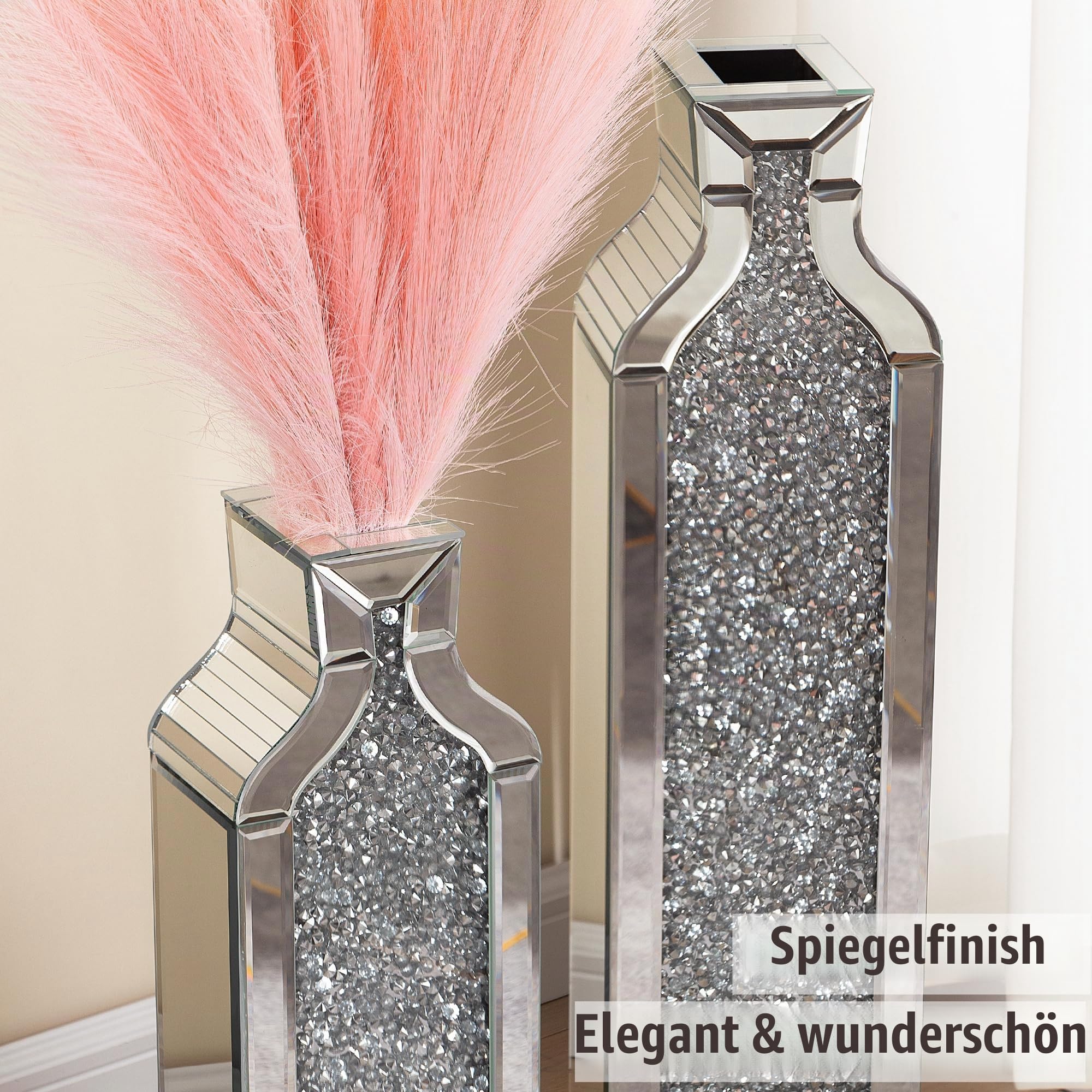 SHYFOY Crushed Diamond Spiegel Boden Vase Set aus 2 – Moderne Silberne Dekorative Kristall Große Vasen für Wohnzimmer, Schlafzimmer, Büro, 61 cm & 76 cm