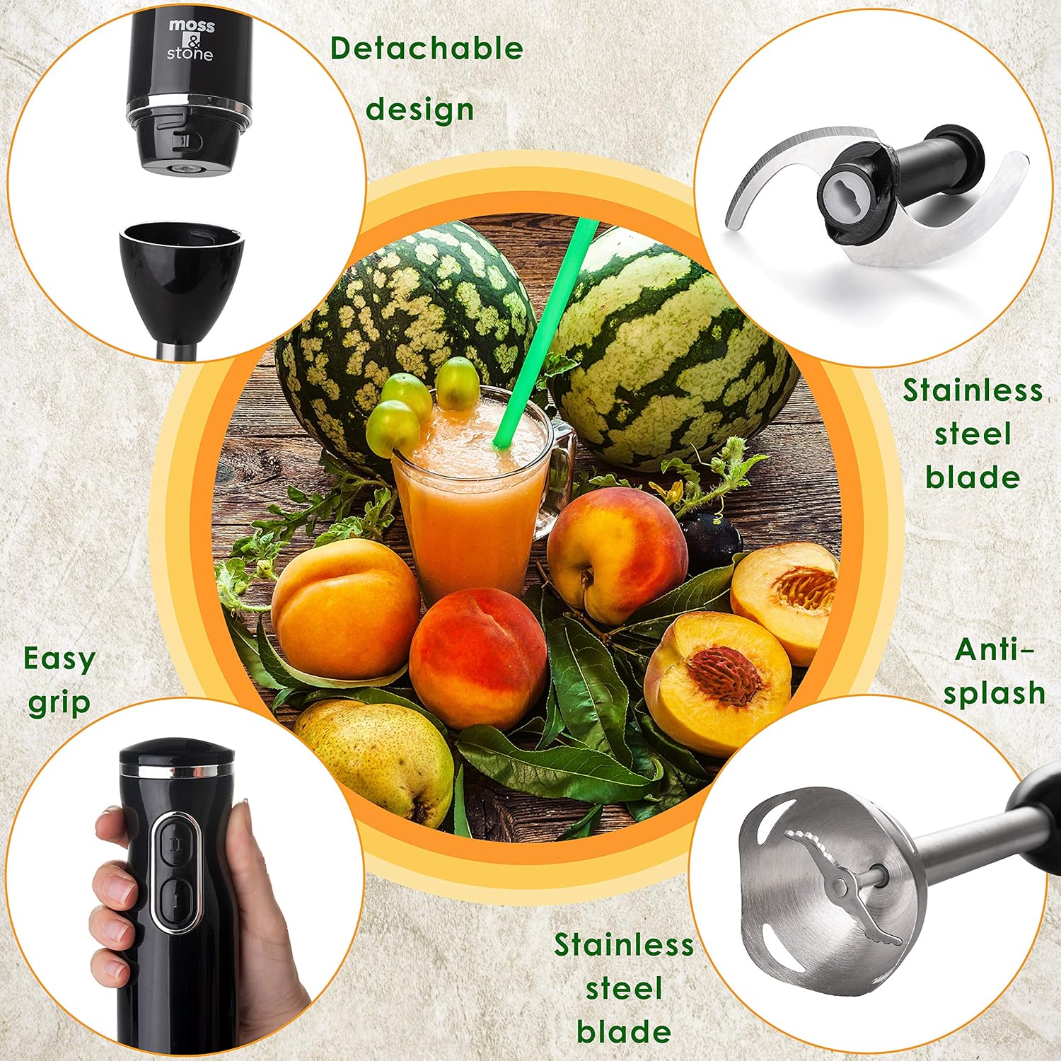 Moss & Stone Electric Hand Blender Set, 300W Immersion Hand Blender with Whisk and Chopper, Stainless Steel Shaft and Blades, 2-Speed Handheld Mixer with Ergonomic Grip, Black