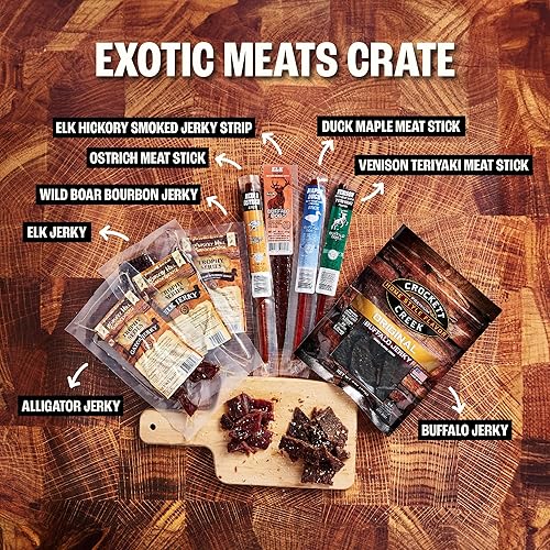 Miniatura 4 de Man Crates, Caja de carnes exóticas  Incluye 8 sabores de carne seca raros como venado, cocodrilo, alce  Se envía en una caja de madera sellada con