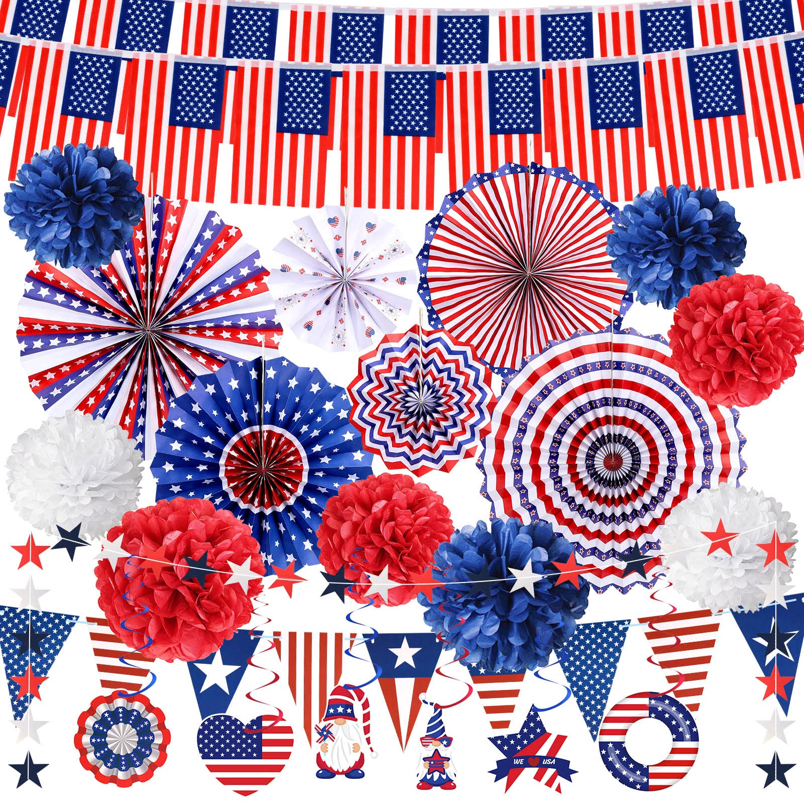 34Pcs 4th of July Decorations Fourth of July Party Supplies - USA Flag Stars Banner, Fourth of July Accessories Outdoor, Paper Fans Pom Poms Hanging