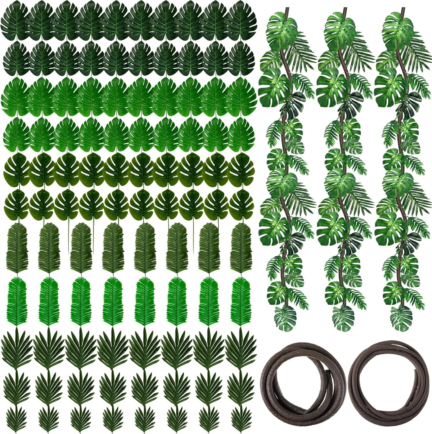 Preboun 102 Pcs Jungle Theme Party Decorations Tropical Rainforest Fake Leaves Safari Artificial Palm Leaf Rattan Decoration Jungle Vines for Hawaiian Luau Dinosaur Forest Garden Theme Party