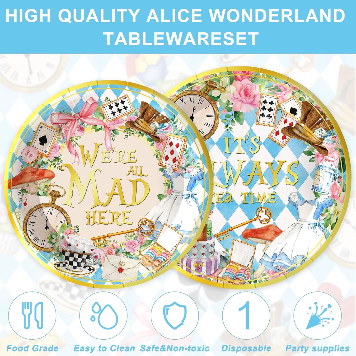 120PCS Wonderland Themed Party Supplies for Girls Kids Birthday Party Decorations Tea Party Tableware Set Plates Napkin Cups Set for 20 Guests image 4 of 5 B0CPXNSJ19