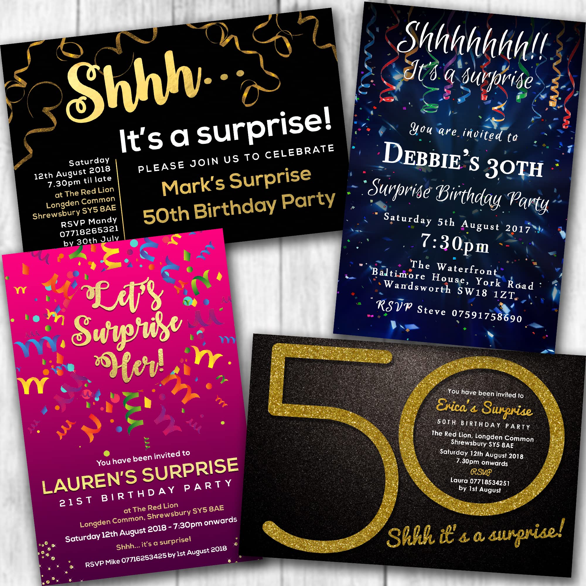 Surprise Party Invitations (Any Age) Birthday Invites & Envelopes (Personalised - Various Designs)