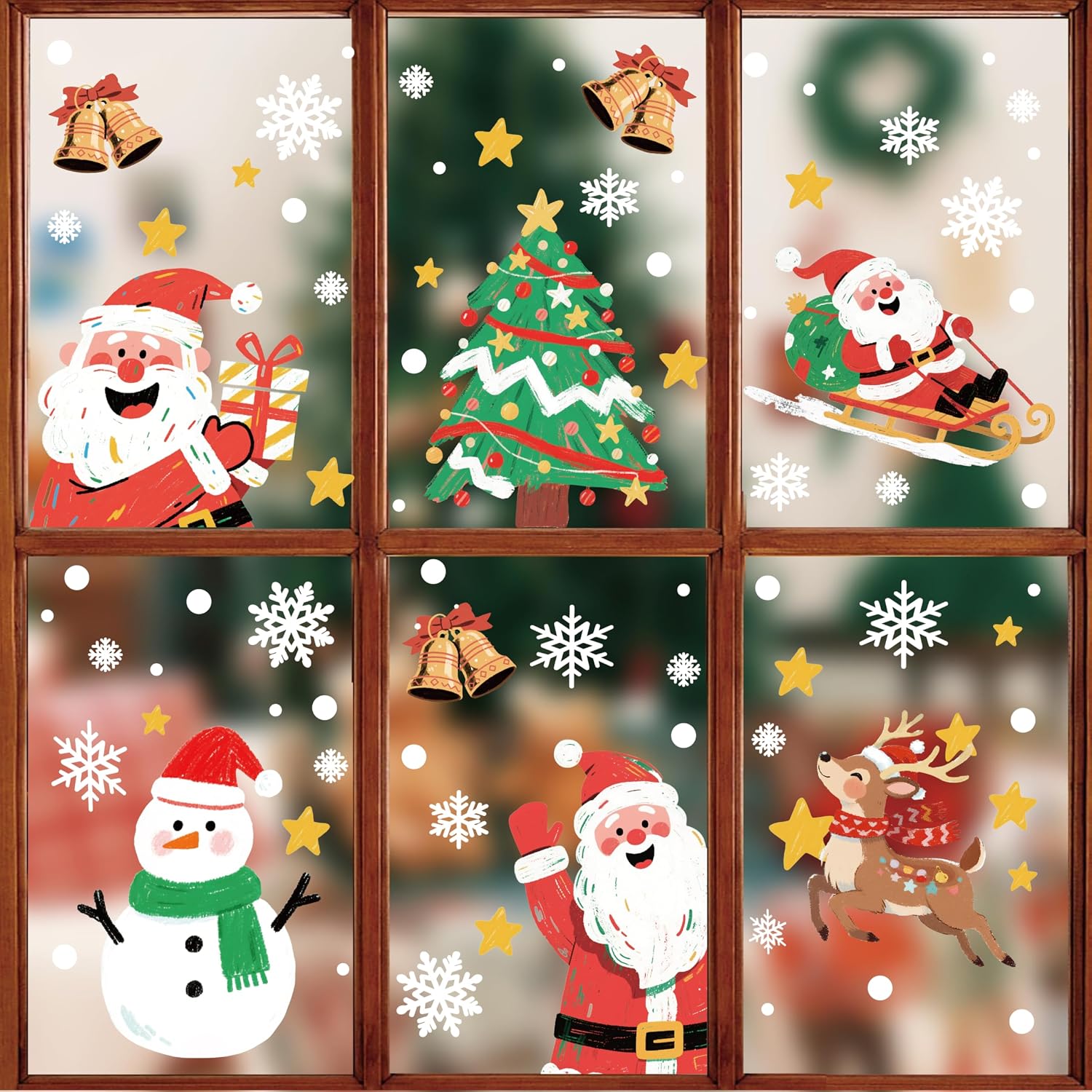 375Pcs Christmas Window Decorations - 8 Sheets Removable Window Clings with Santa Gnomes Snowflakes, Festive Stickers for Christmas Decorations Indoor & Holiday Home Shop Decor (Christmas Sleigh)