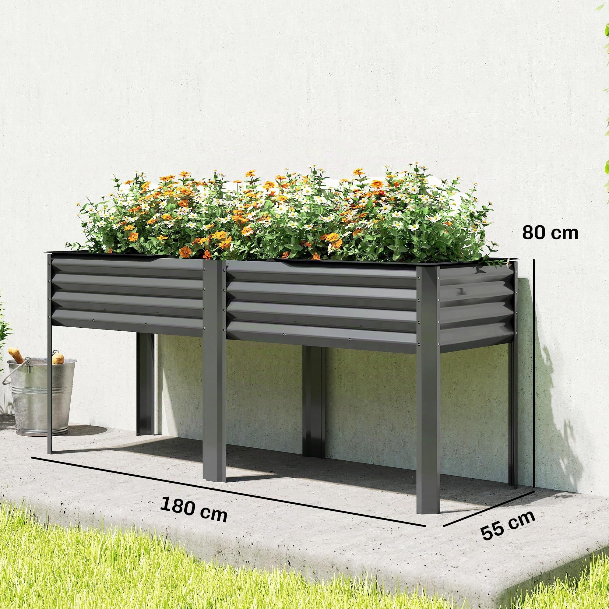 Outsunny Potager sur Pieds en Métal Jardinière 180 x 55 x 80 cm Gris Foncé