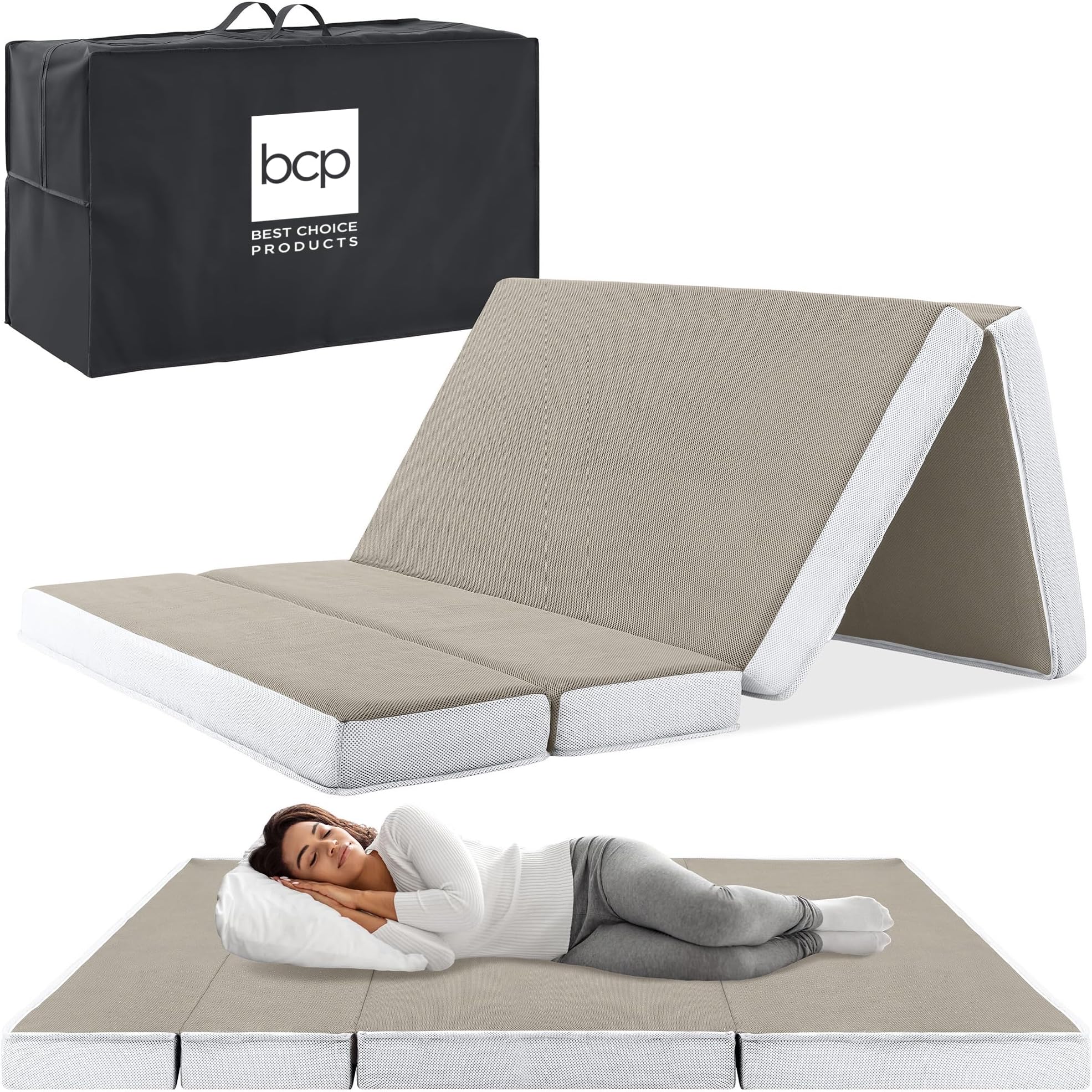 4in Portable Queen-Size Mattress, Tri-Fold Mattress for Camping, Guest, Toddler, Foam Plush w/Carry Case - Taupe