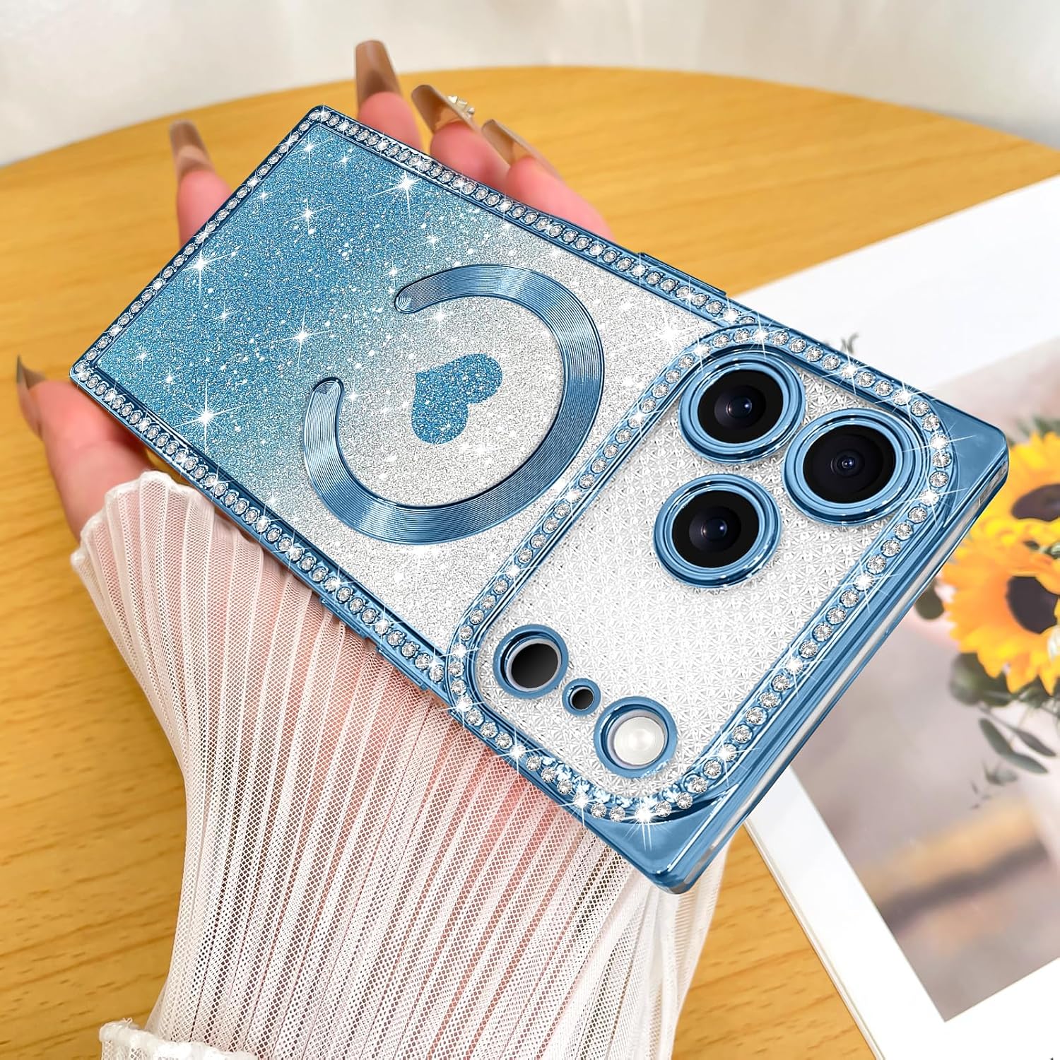 Fiyart Designed for iPhone 17 Pro Case,Compatible with MagSafe Love Hearts Plating Soft Slim TPU Sparkle Rhinestone Glitter Shockproof Phone Bumper for Women Girls 6.3"-Blue - Image 2