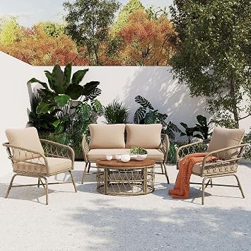 VilroCaz Bohemia-Inspired 4-Person Outdoor Seating Group with Loveseat, 2 Chairs and Table, All Weather Conversation Patio Set with Wood Tabletop and Washable Cushions for Backyard Poolside Garden
