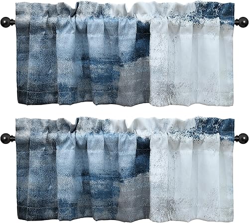 Cortinas de cocina de color azul y gris, cenefas de arte abstracto para ventanas, cenefas opacas con bolsillo para barra, cenefa de cortina para