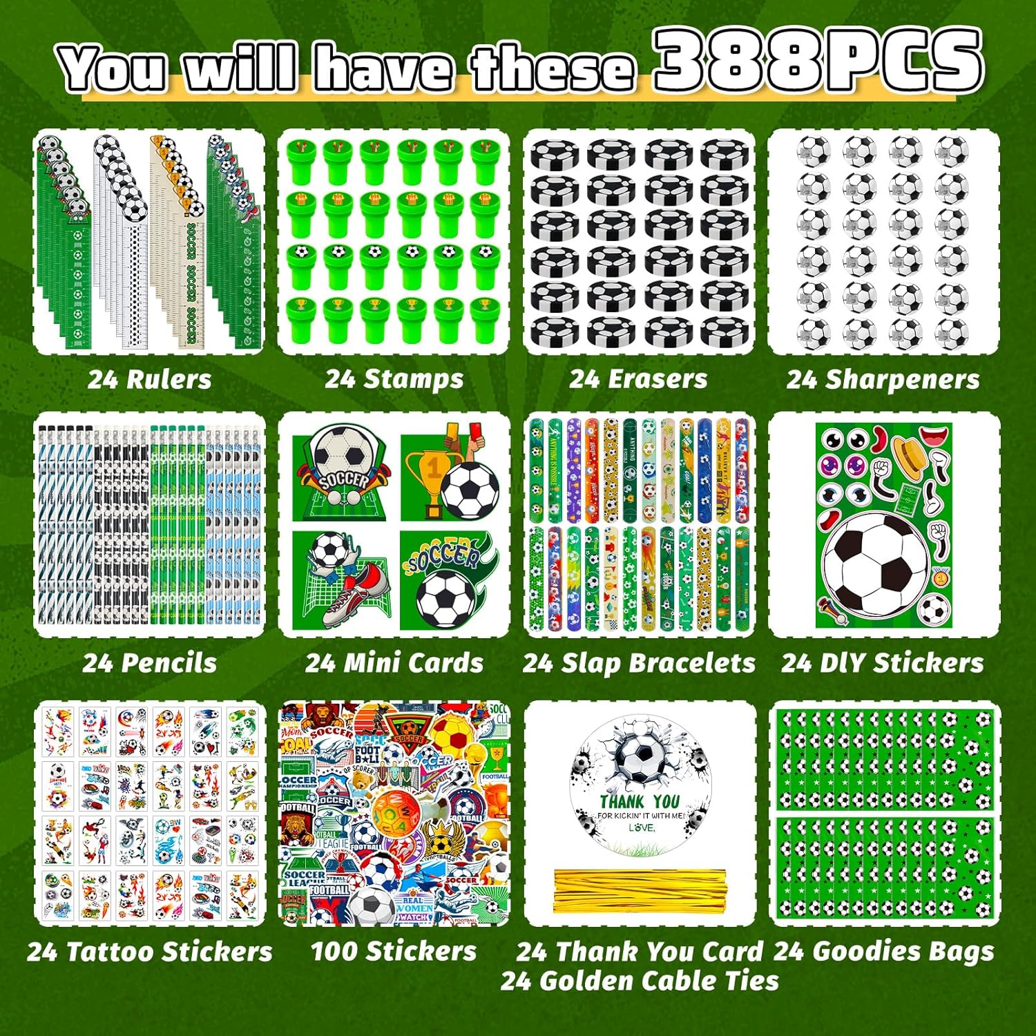 388 Pcs Soccer Party Favors 24 Sets Soccer Goodie Bag Stuffers Mini Cards Pencil Sharpener Eraser Tattoos Stickers Bracelets Team Gift Ideal for Birthday Party Decorations Supplies