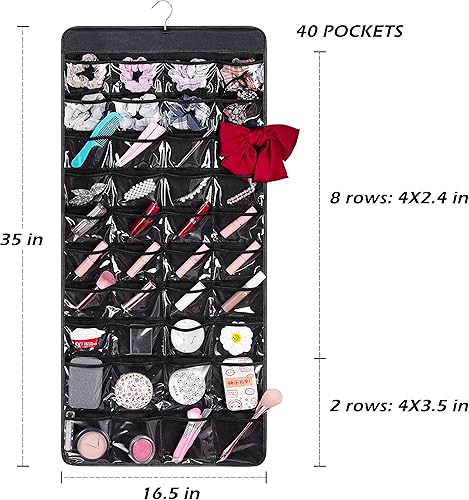 Miniatura 3 de MISSLO Organizador de joyas colgante de doble cara con 40 bolsillos y 20 ganchos y bucles, soporte para collar de armario para aretes, pulsera,