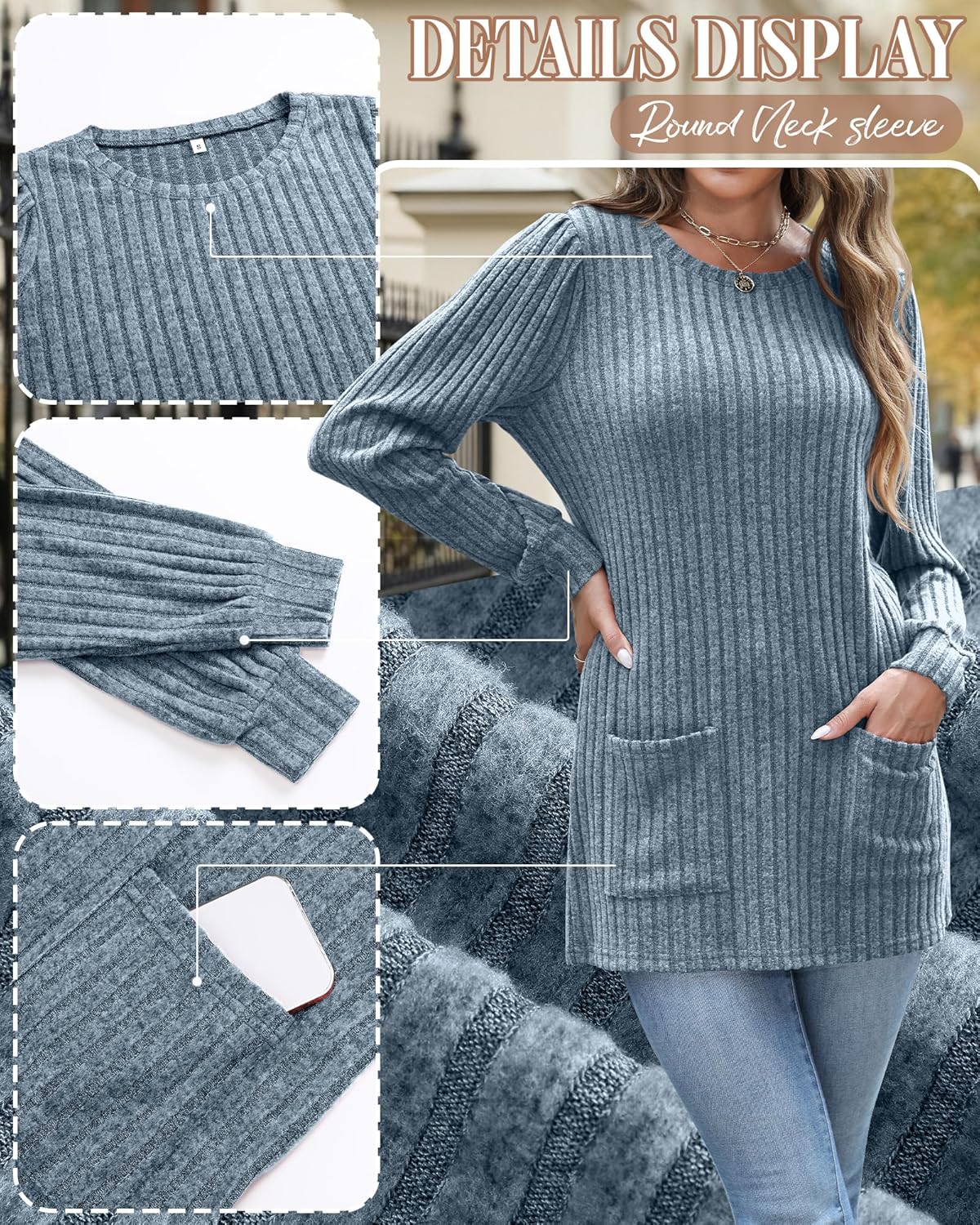 3 Pack Women's Long Sweaters with Pockets, Puff Long Sleeve Tunic Tops Crew Neck Ribbed Pullovers for Leggings - Image 2