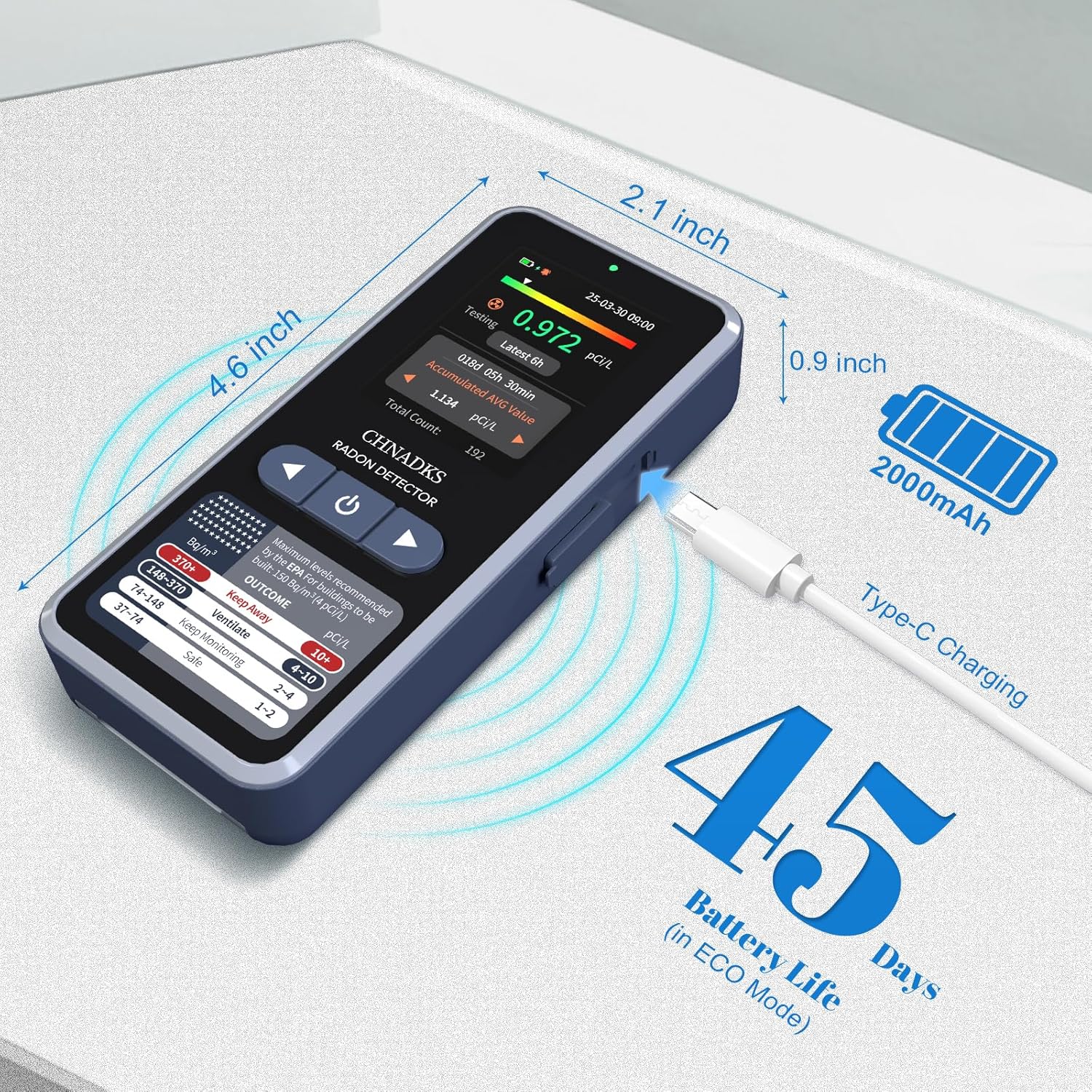 RM-66 Radon Detector for Home, Portable Radon Monitor with TFT Color Display, Audible & Visual Alarm, Easy-to-Use, Rechargeable Type-C, Long-Term Monitoring in pCi/L or Bq/m³ - Image 4