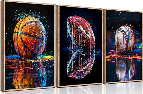 3 piezas de arte de pared de lienzo deportivo de graffiti para habitación de niños, rústico, fútbol, béisbol, rugby, decoración de pared, cuadro de