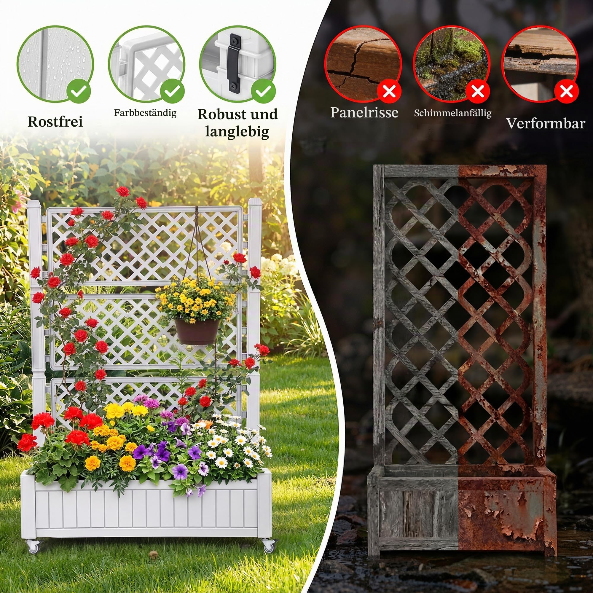 YITAHOME Hochbeete mit Rankgitter 108.5X44X155CM,Abflusslöchern und Rollen