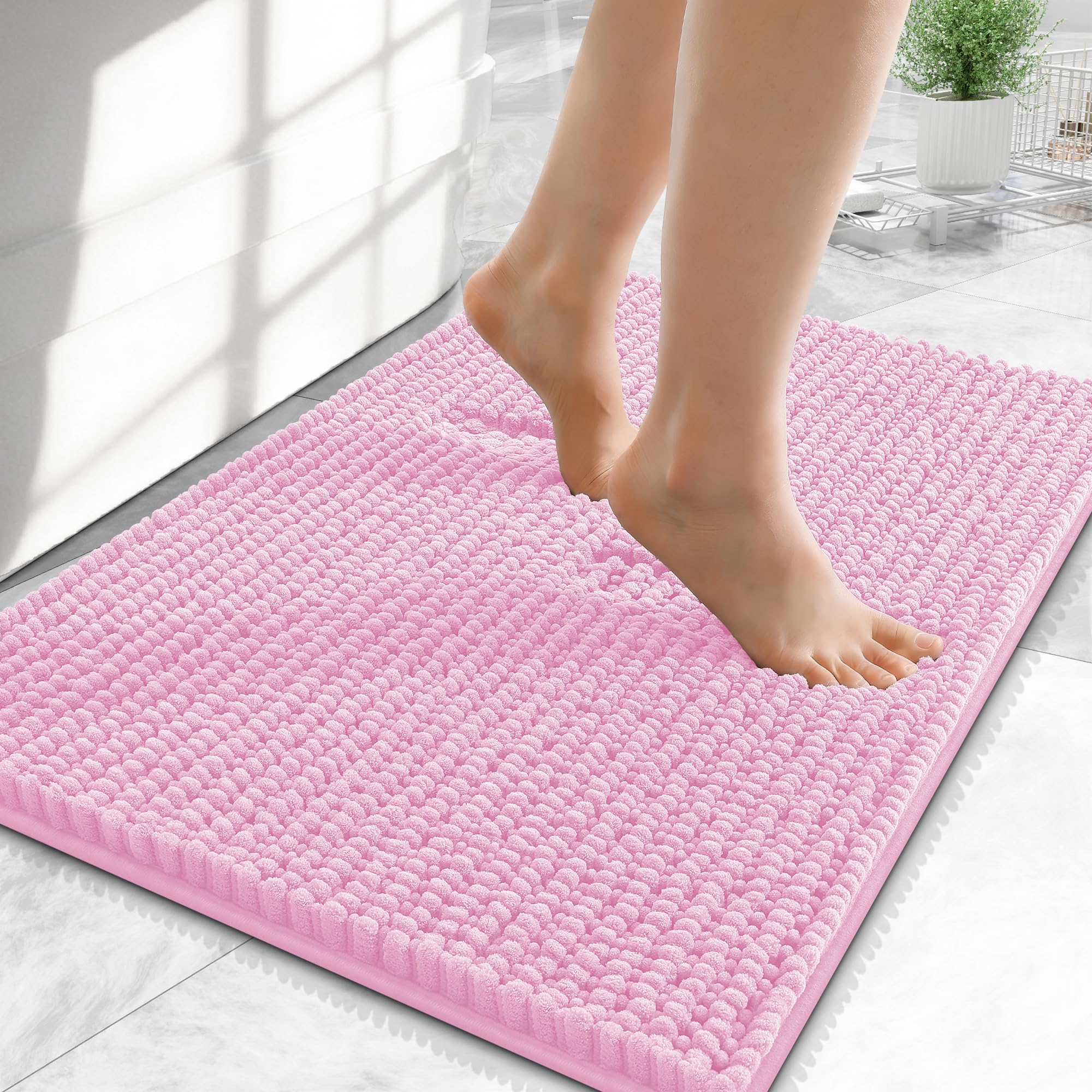OLANLY Thick Chenille Small Bathroom Rugs 24x16, Absorbent Bath Mat, Pink