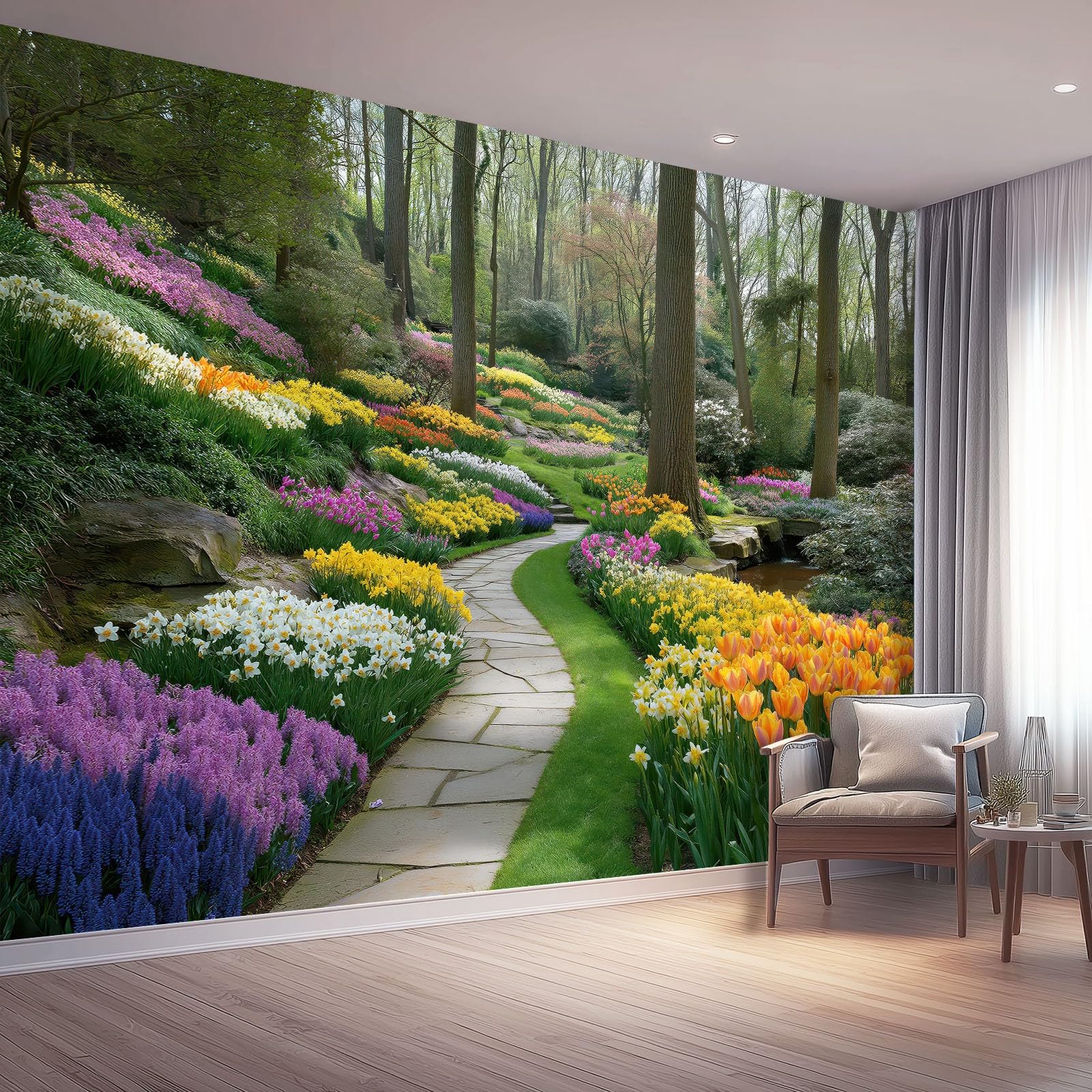 Tapisserie intissée moderne trompe l'oeil chemin fleurs pour bureau