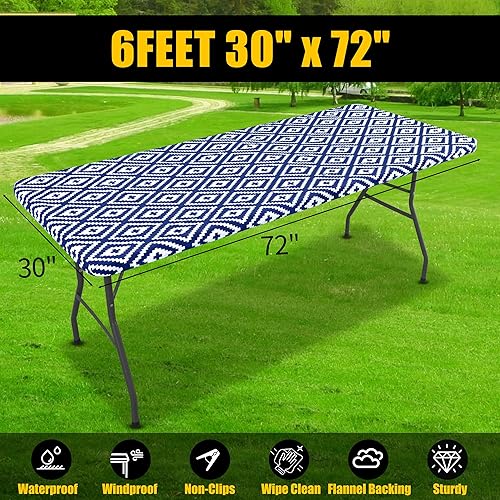 Miniatura 7 de smiry Mantel rectangular de pícnic, manteles elásticos impermeables para mesas de 6 pies, funda de vinilo con parte trasera de franela lavable para