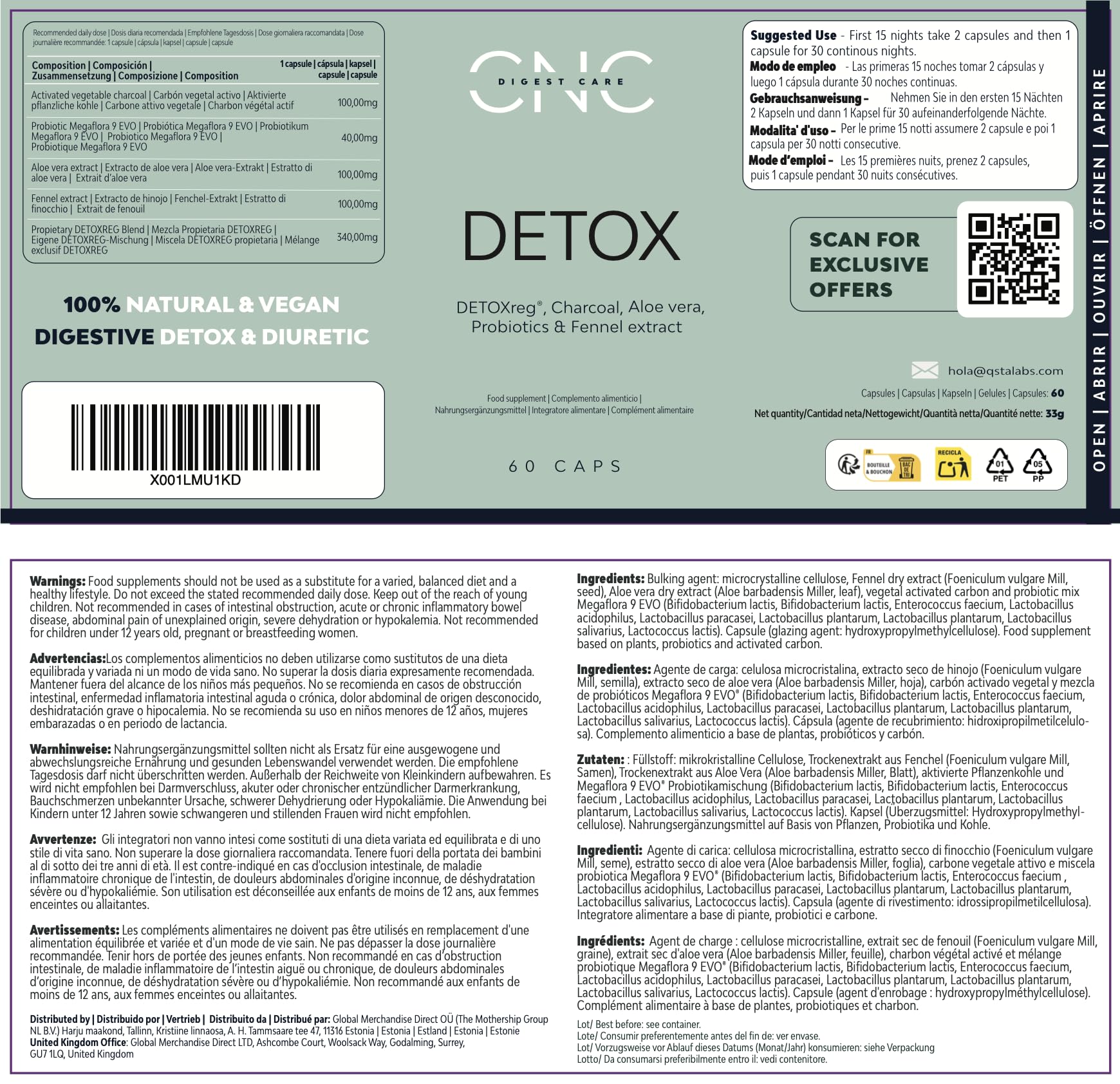 CNC DETOX adelgazante potente – Drenante, Diurético y Depurativo – Quemagrasas Potente Para Adelgazar– Probióticos 100B + Aloe Vera + Carbón Activo + Hinojo