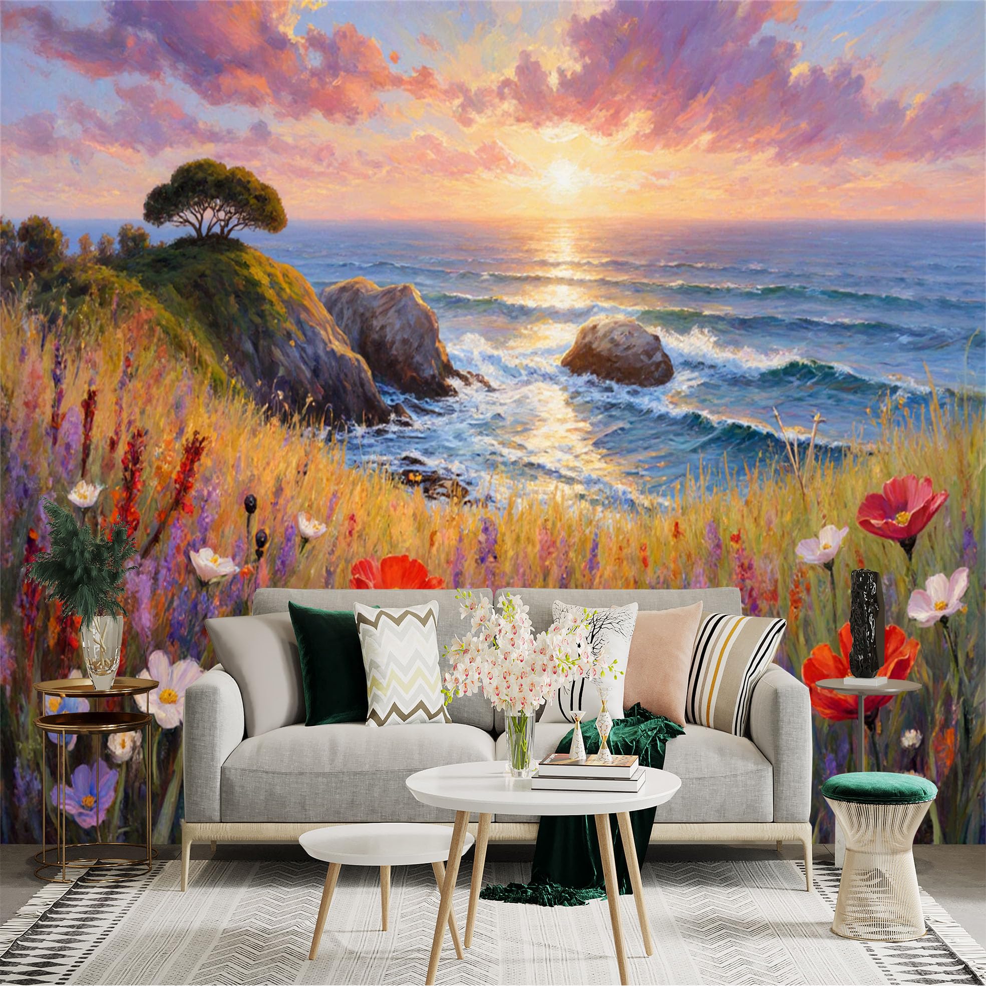 Lnzczhyre Xc260505339 Custom Size Wall Sticker Mural， Scenic Coastal Sunset With Wildflowers， Ocean Waves And Rocky Cliffs， For Wall Decoration， Peelandstick Wall Decals.