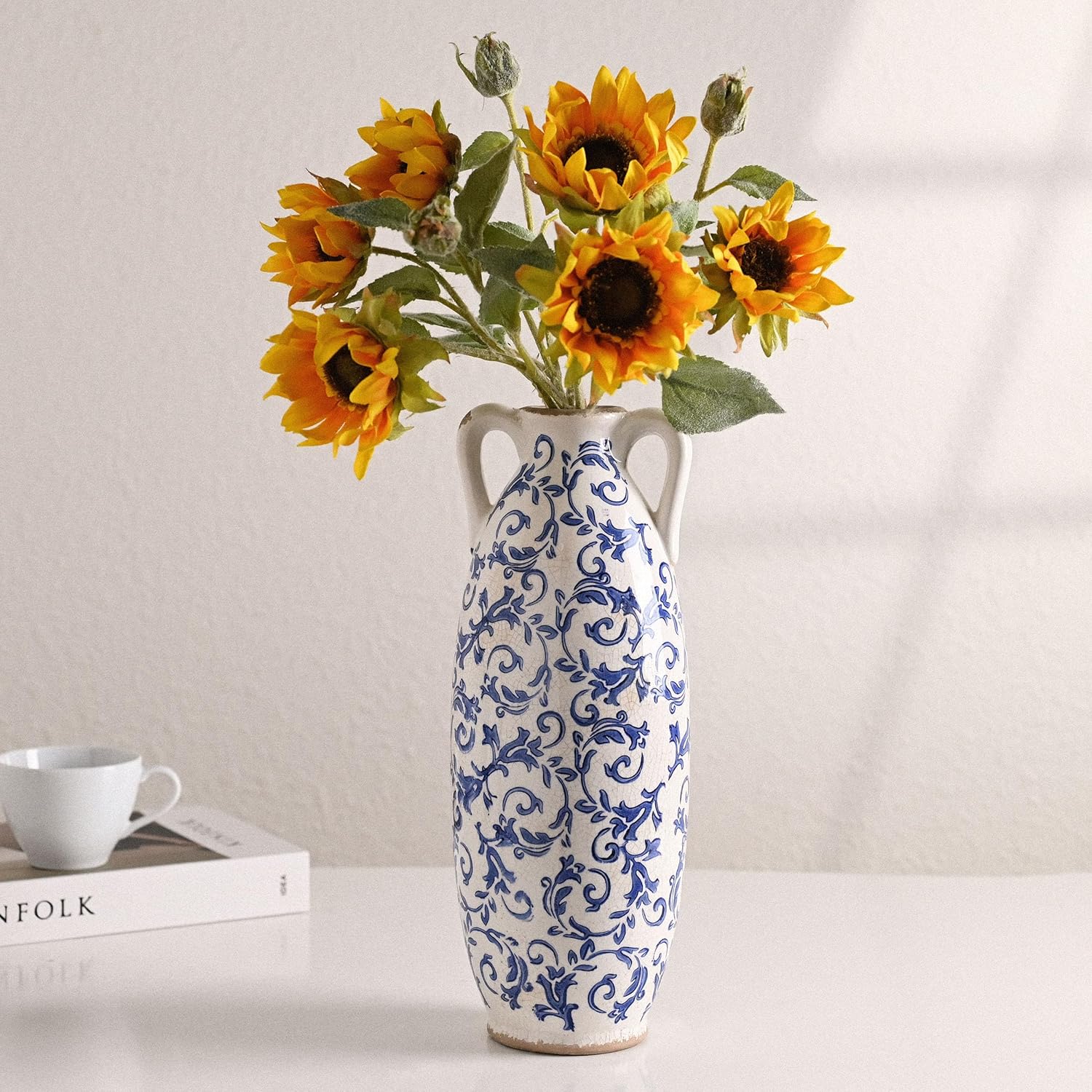 VICTOR & TERESA Blue and White Floor Vase for Pampas Grass, 14'' Tall Vase for Home Decor, Ceramic Farmhouse Decorative Large Vases for Flower, Mantel, Living Room, Shelf, Centerpieces, Gift for Her - Image 5