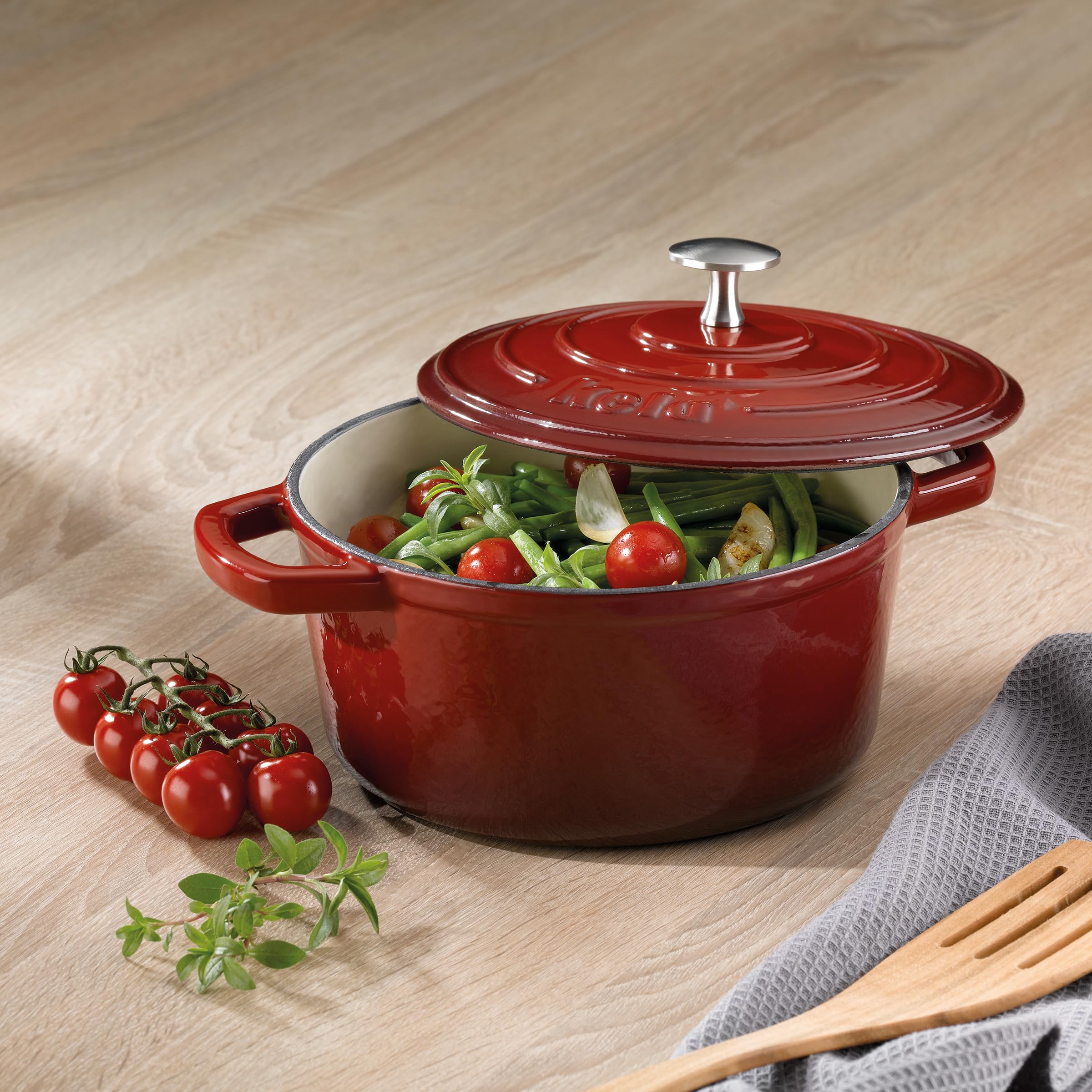 kela Cocotte en fonte ronde 3,8 litres, Dutch Oven CALIDO, Cuve en fonte à induction avec couvercle, émaillée, rouge