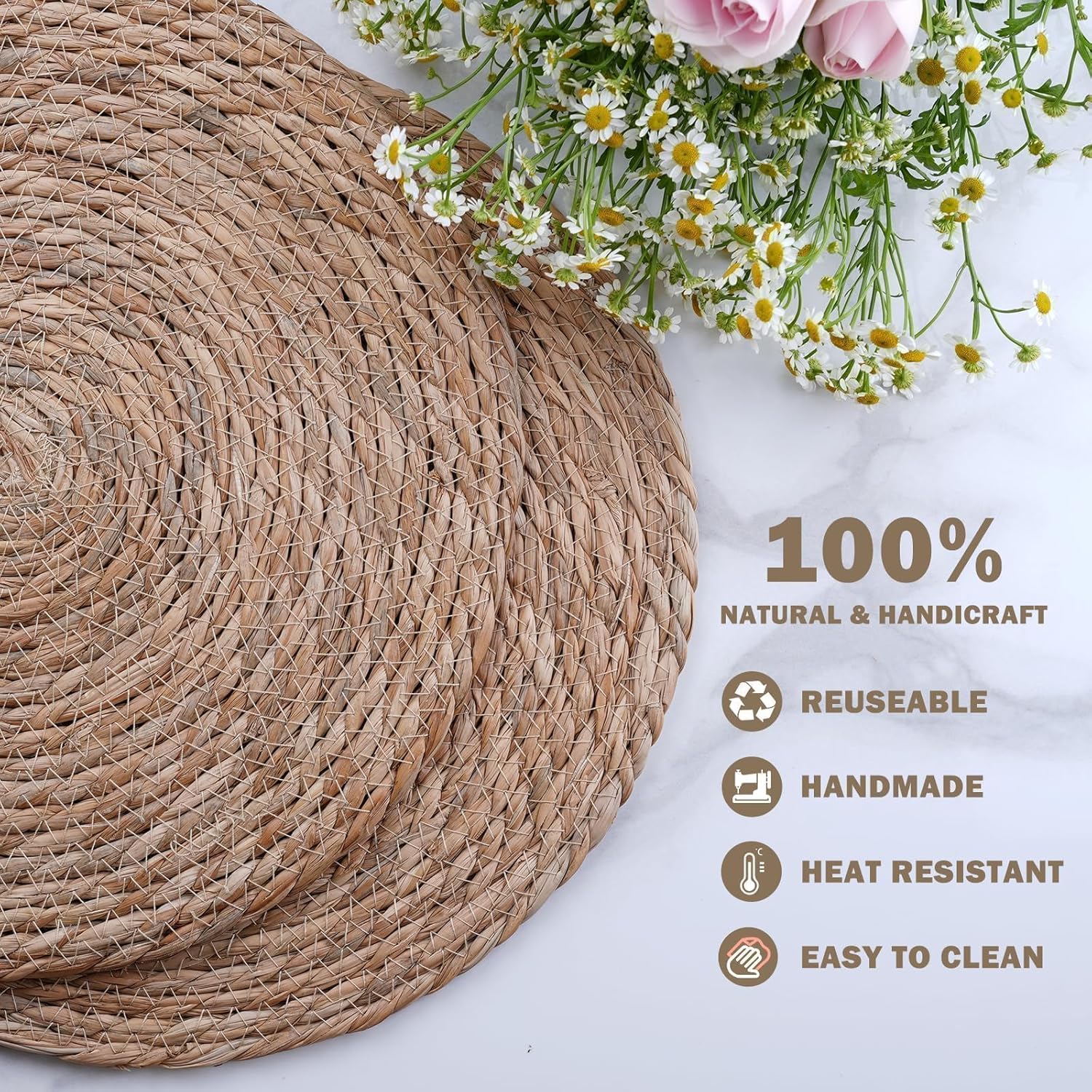 Boho Woven Placemats Set of 6 with Wooden Napkin Rings, 13" Natural Water Hyacinth Table Mats Charger Plates for Christmas Decorations, Thanksgiving, Rustic Dining & Home Decor