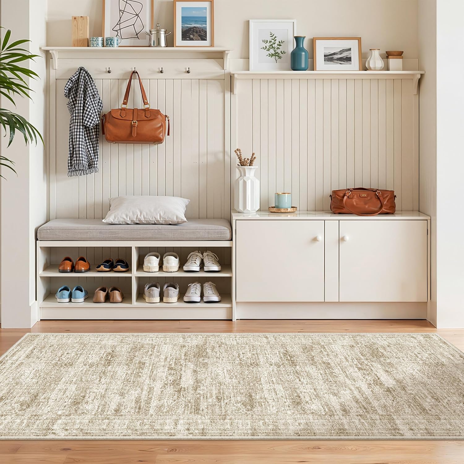 Washable Runner Rugs for Bedroom - 2x6 Runner Rug Non Slip, Ultra-Thin Entryway Runner, Soft Abstract Kitchen Runner for Hallway, Laundry, Bathroom, Indoor Door Mat(2'x6', Brown/Ivory)