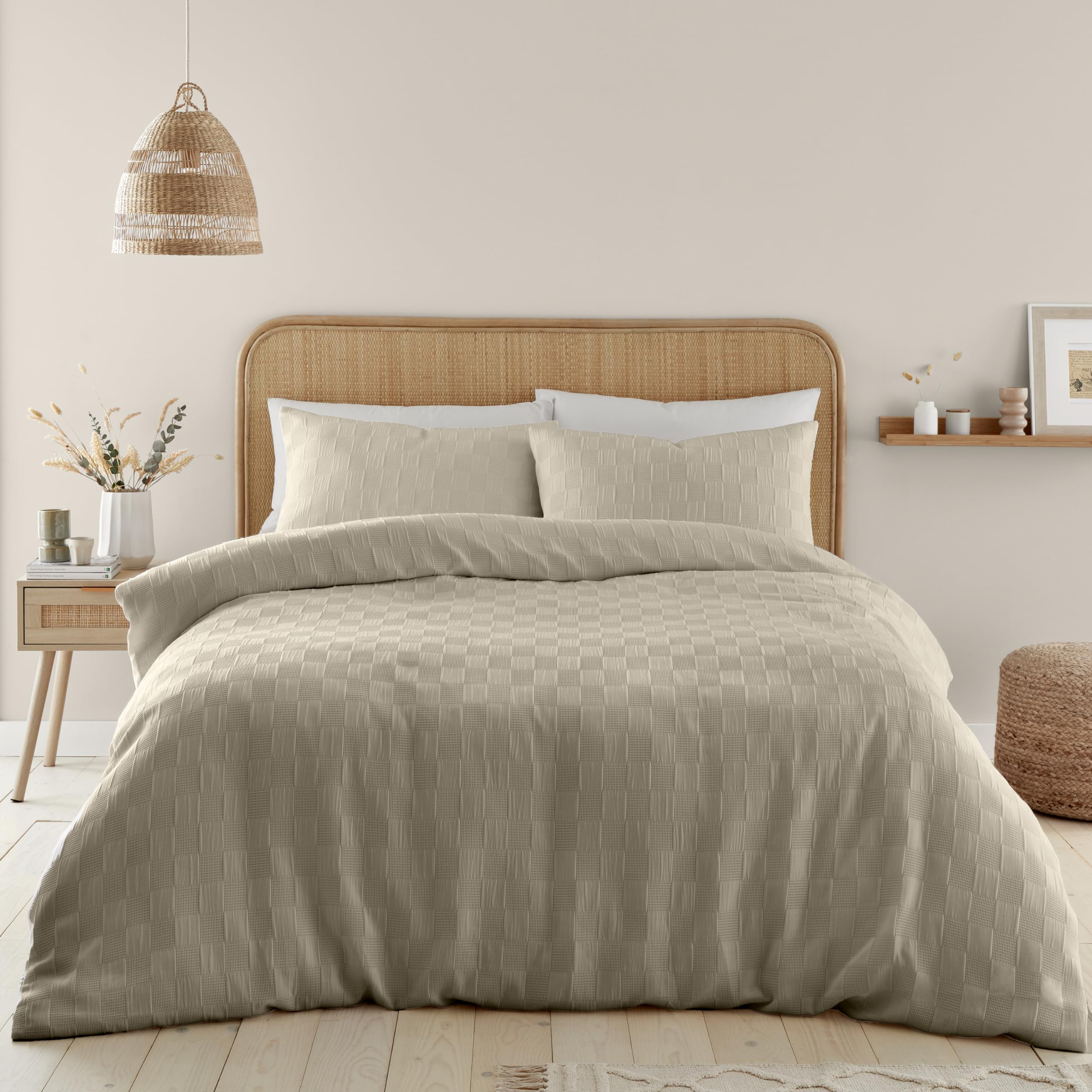 Catherine Lansfield Waffle Checkerboard Single Duvet Cover Set Natural