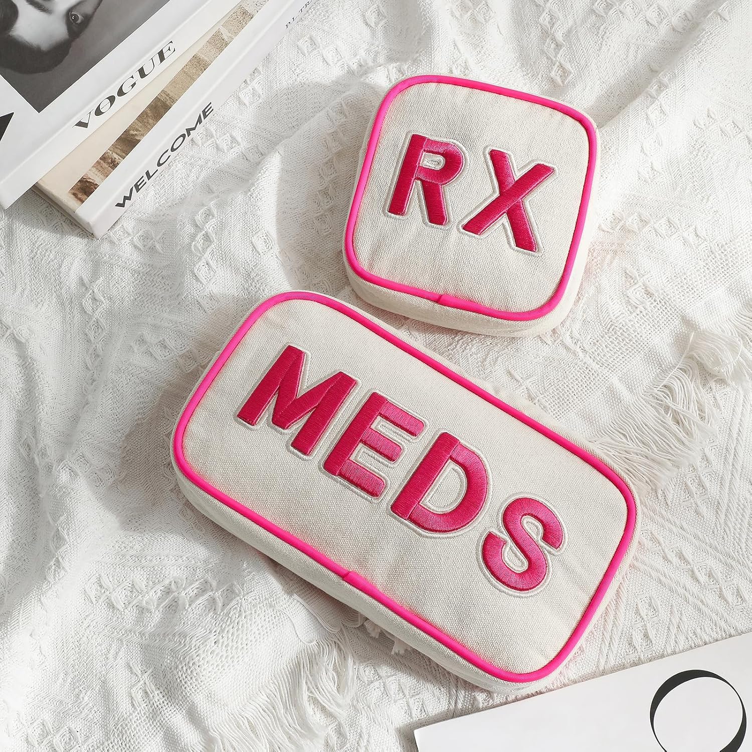 RSRSLEII 2Pcs Small Canvas Rx MEDS Medicine Packages, Cute Chenille Letter Patch Drug Makeup Bag with Metal Zipper, Mini Travel First Aid Purse Organizer Machine Washable (06 2pcs Hot Pink)