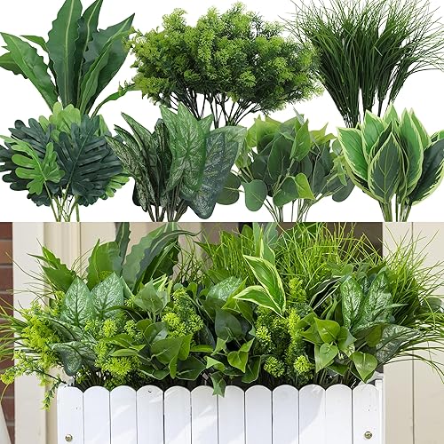 18 Bundles Artificial Plants Outdoor, Faux Bushes Plastic Fake Greenery Stems Shrubs UV Resistant for Indoor Outside Hanging Plants Front Porch Home Garden Window Box Spring Summer Decor
