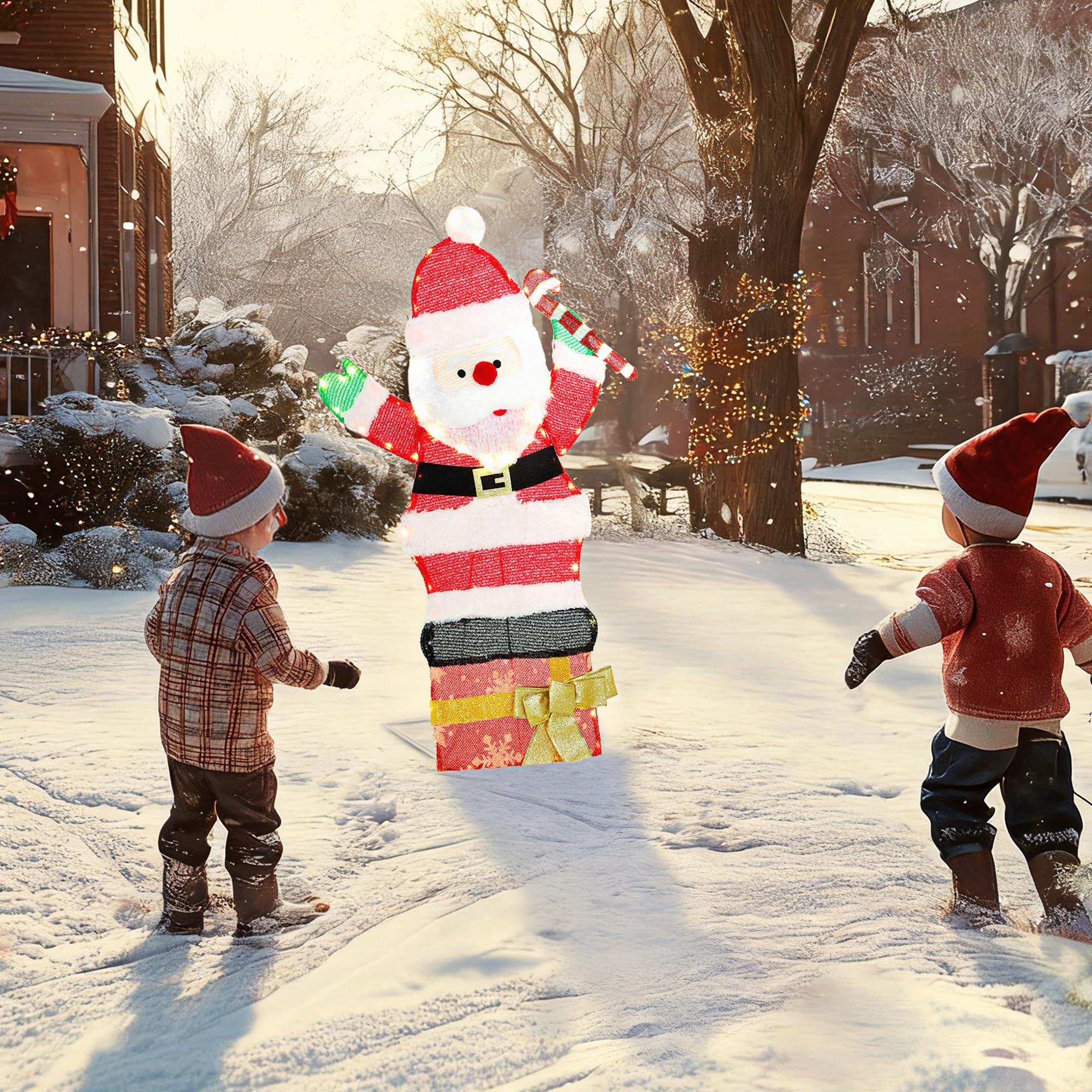 Outsunny Père Noël Lumineux de 90 cm avec 97 LED Blanc Chaud, Piquets, IP44 | Décoration Noël Personnage, Attaches Zippées, Intérieur, Extérieur