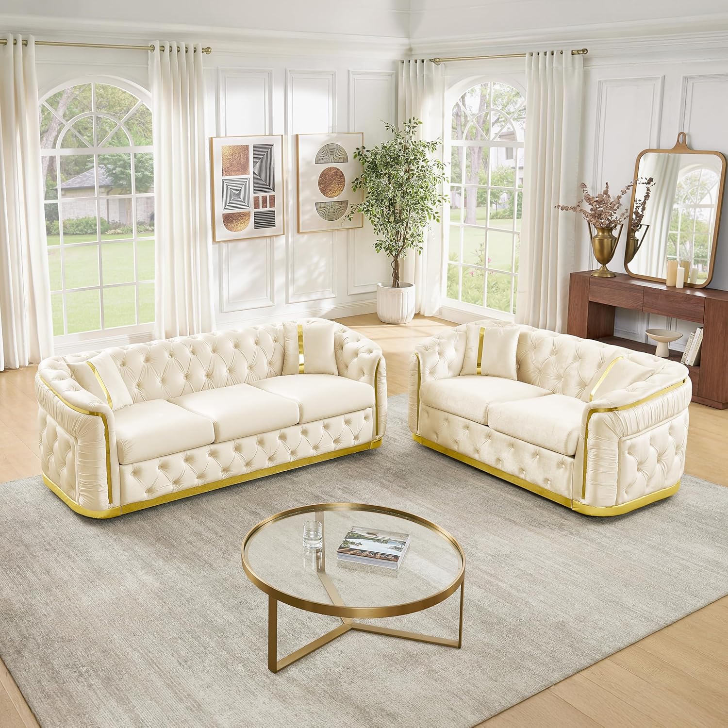 KEIKI 2-Piece Luxury Chesterfield Sofa Set with 1 Velvet 3-Seater Sofa & 1 Loveseat Sofa, 5-Seater Couch Set with 4 Pillow, Gold Stainless Decoration and Rolled Arms, for Living Room, Beige
