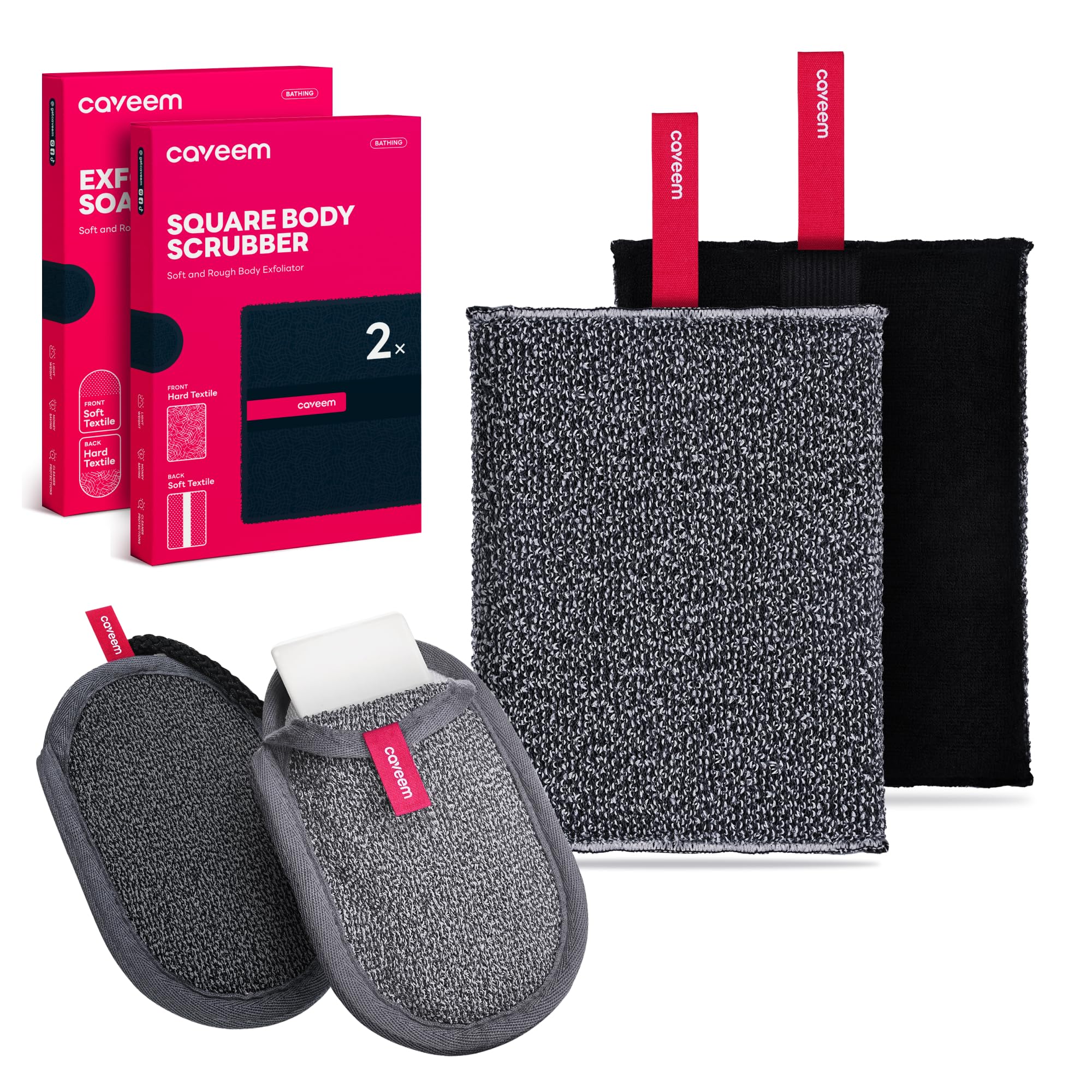 Caveem's Exfoliating Square Body Scrubber (2 Pack) & Dual Texture Soap Bag (2 Pack) – Deep and Gentle Cleansing for All Skin Types
