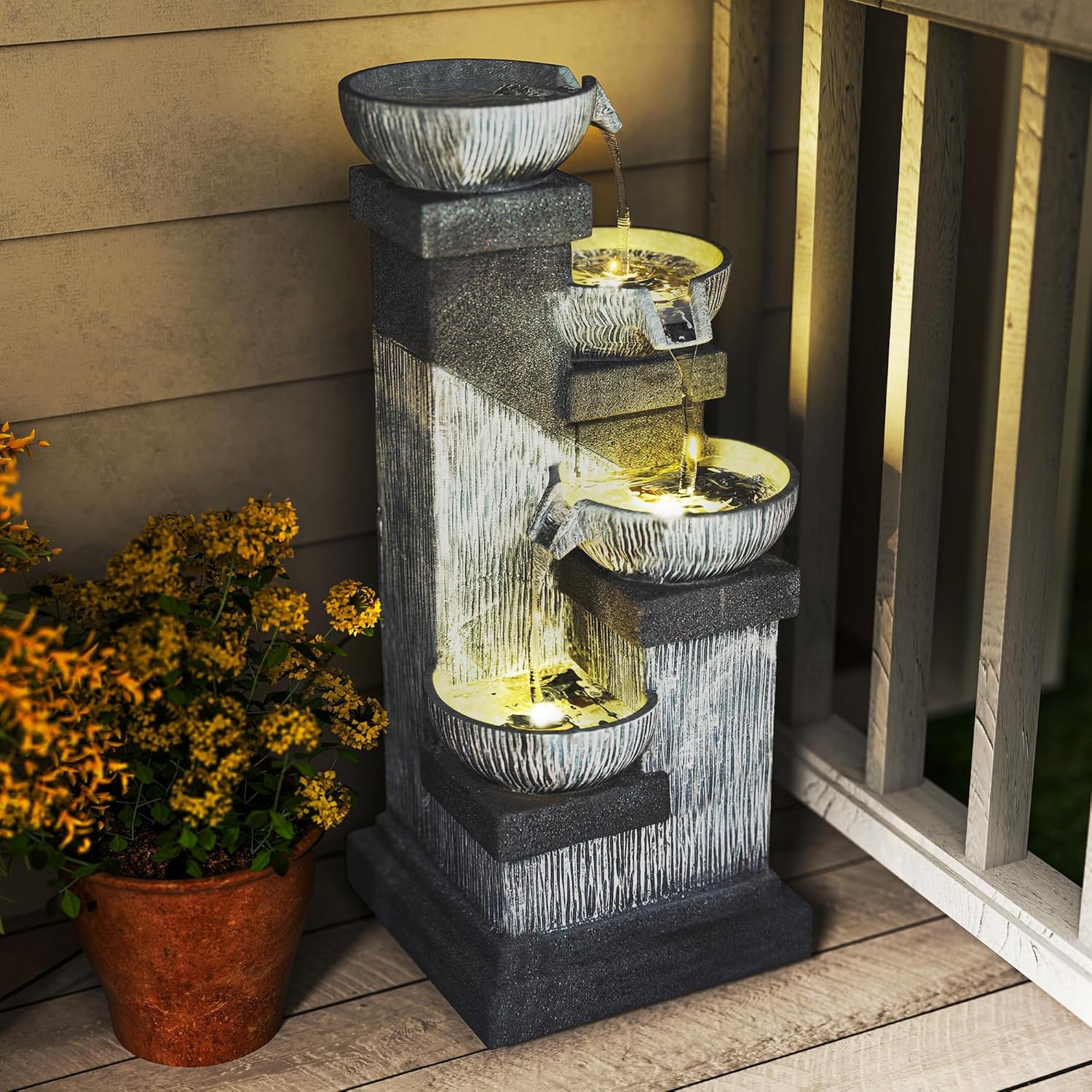 Outsunny 33.5" Tall Outdoor Water Fountain, 4-Tier Floor Standing Resin Cascading Bowls Waterfall Fountain with LED Lights, Pump for Garden, Patio, Backyard