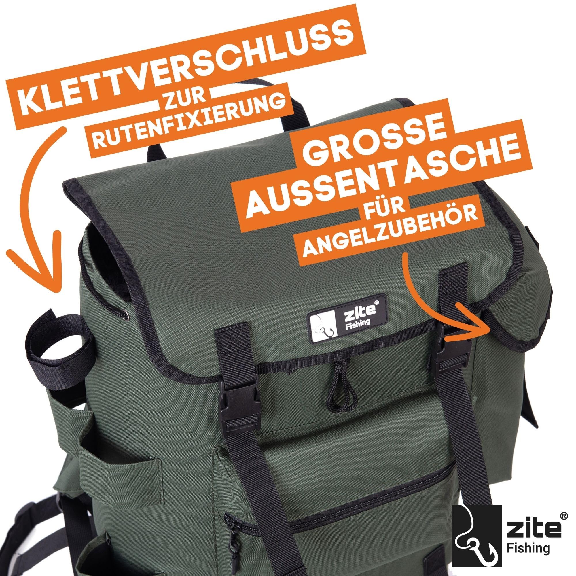 Zite Fishing Angelrucksack mit Rutenhalter & Abnehmarem Kühlfach - Angeltasche 55x30cm Gepolsterte Schultergurte - Spinnfischen & Ansitz Angeln, Angel Rucksack Fishing Backpack, Angler Rucksack angeln