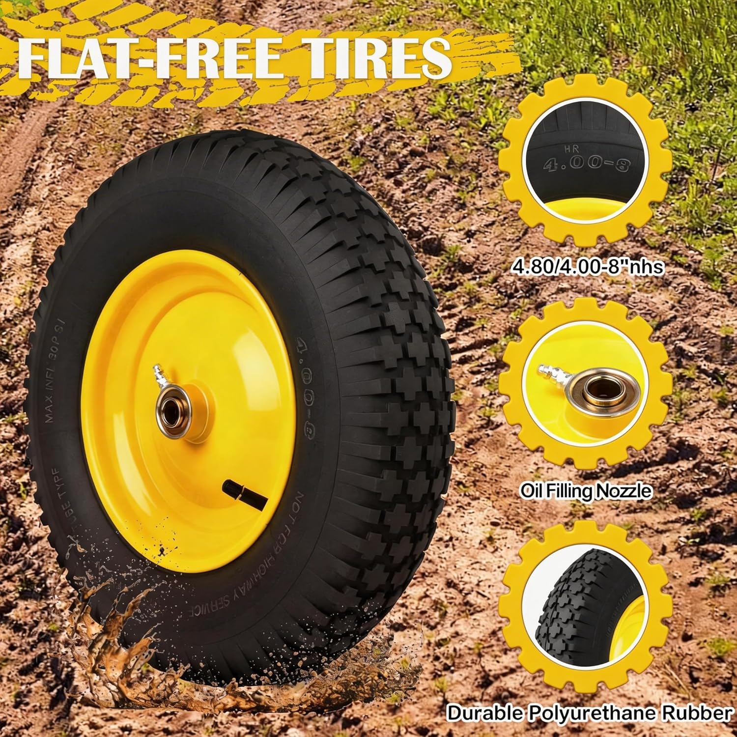 4.80/4.00-8 Pneumatic Tires, 16" Wheelbarrow Tire and Wheel 400LB Capacity, with 5/8" & 3/4" Bushing Kit, 3"-4''-6''-7" Adjustable Hub, for Garden Cart, Utility Carts, Trailers, Hand Trucks, 2 Pack