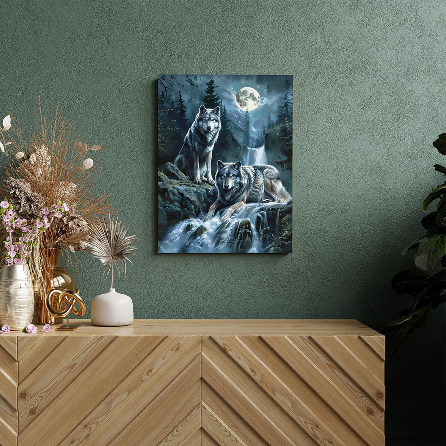 Forest Wolf Decor Wall Art Wolf Bathroom Wall Decor Wolf Poster Wolf and Moon Pictures for Wall Animal Canvas Print Painting Framed Artwork for Bathroom Bedroom Living Room 12"x16"