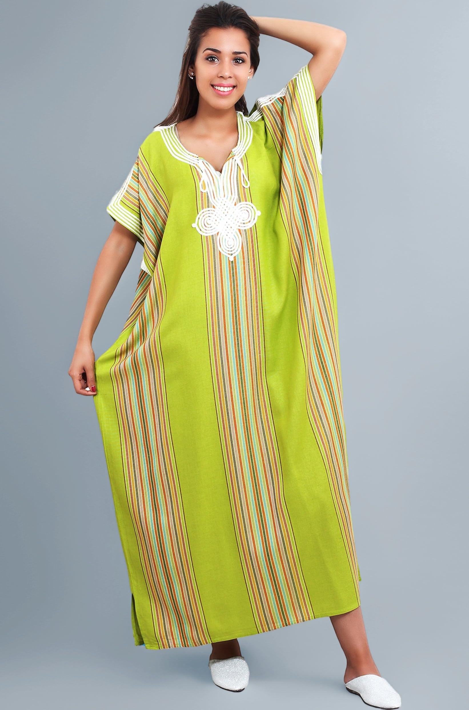 Moroccan Caftans Women Light Linen Handmade Embroidery SMALL to LARGE Lime