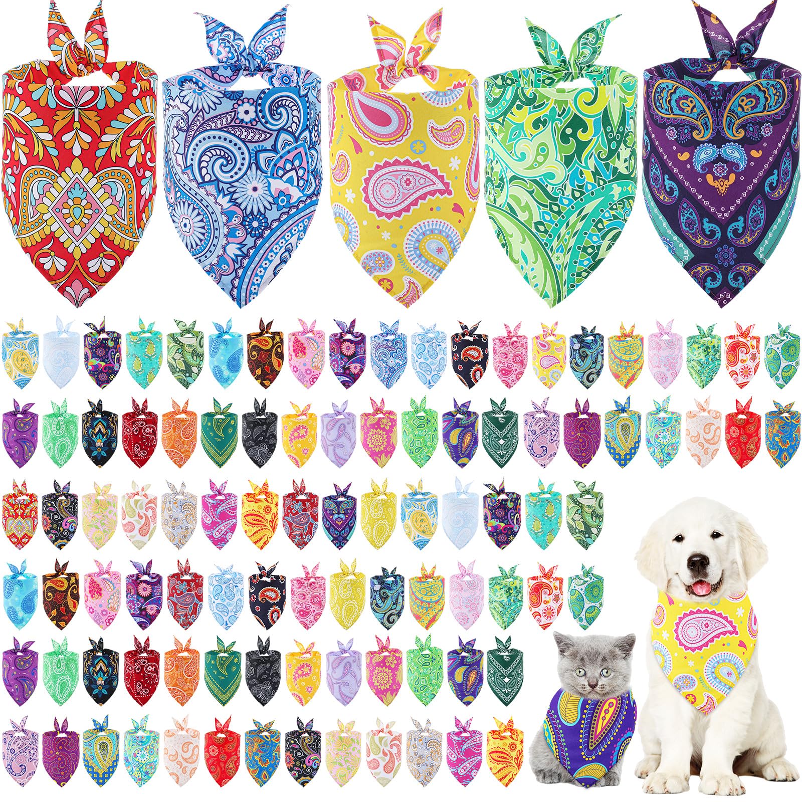 Sanwuta 100 Pcs Paisley Dog Bandana Bulk Pet Triangle Scarf Bibs Bandanas for Dogs Washable Puppy Kerchief Adjustable