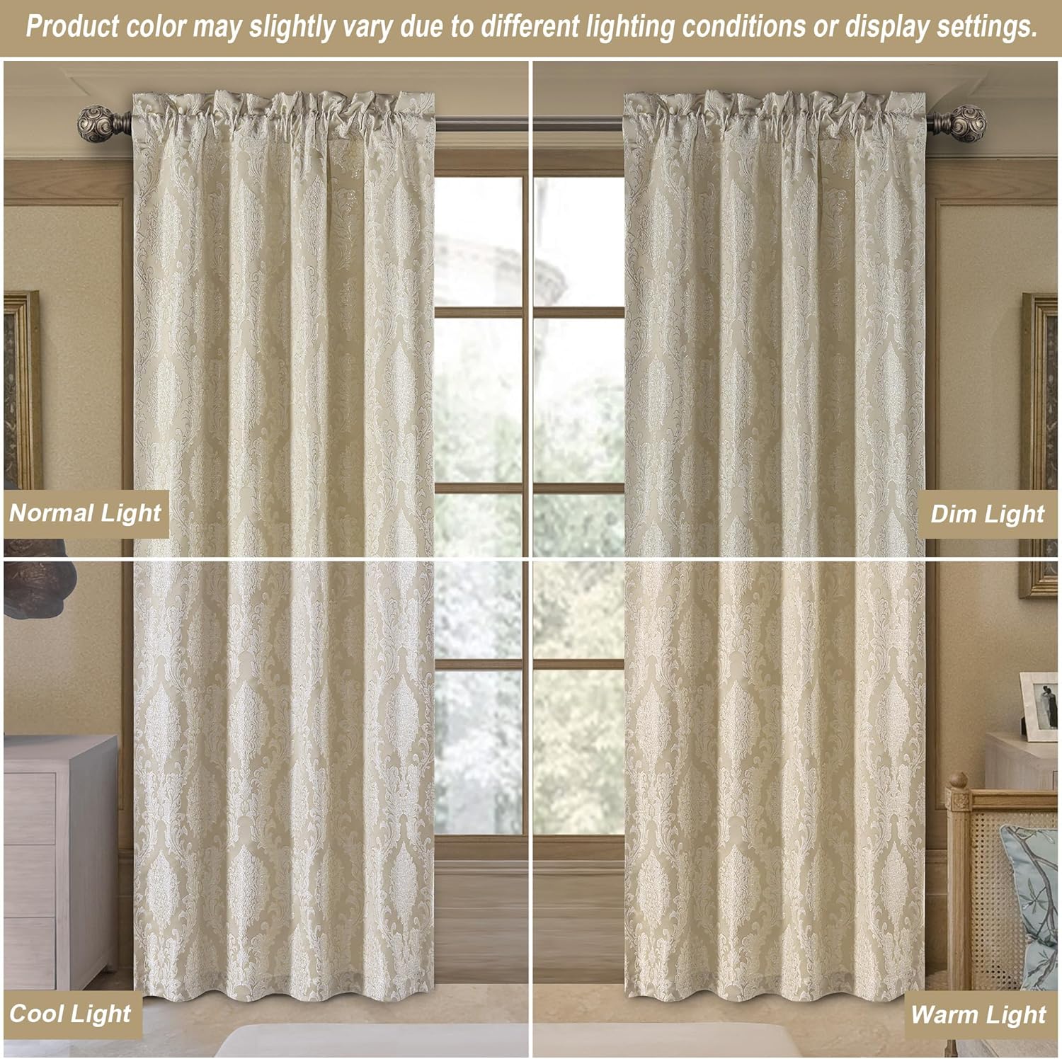Loom and Mill Luxury Jacquard Curtains for Bedroom, Beige Damask Curtains 2 Panels with Tiebacks, Elegant Window Curtain for Living Room Holiday Banquet Decor(52”Wx 84”L, 2 Panels) Beige 52"W x 84"L (Pack of 2)