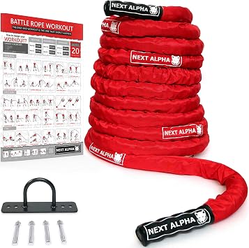 Battle Rope - 38mm/50mm, 9m/12m/15m - Protection Sleeve - Wall Anchor - Workout Instruction Poster